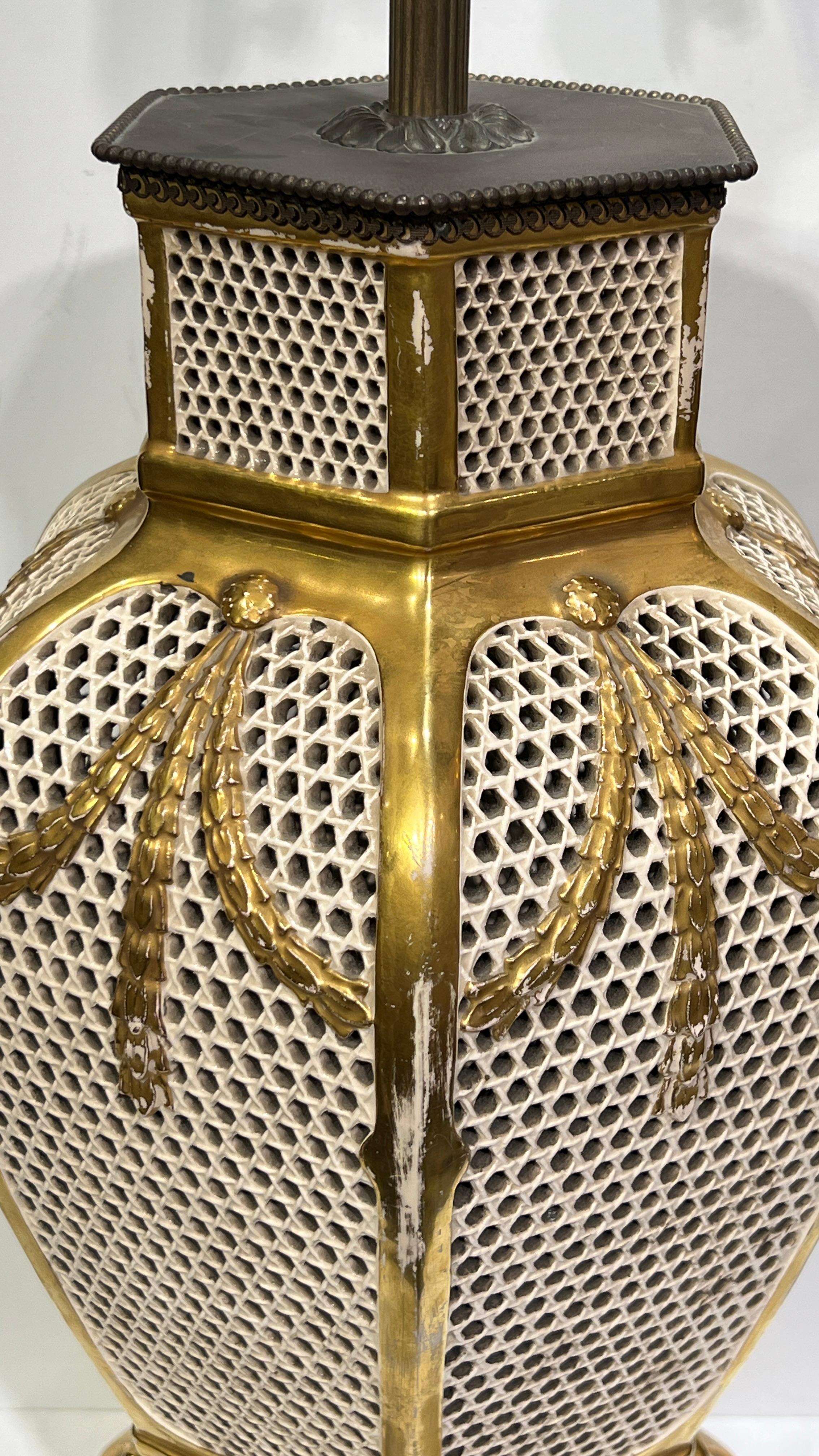Large Antique Hungarian Gilt Porcelain Table Lamp by Fischer In Good Condition For Sale In New York, NY