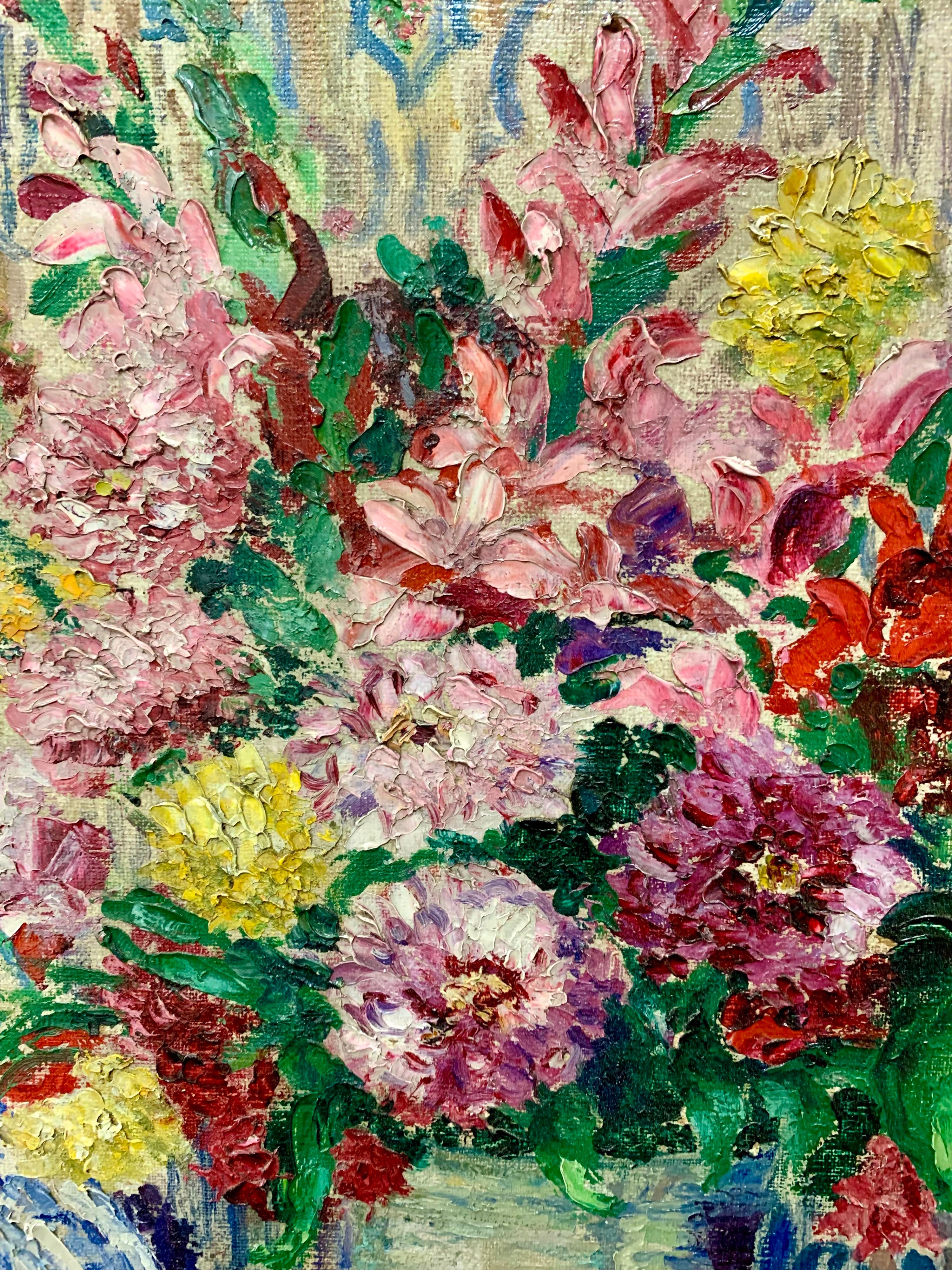 Large exquisite floral still life painting with a loose and painterly impressionistic style, with confident brush strokes and a respect for underlying form and a palette of warm, saturated colors. Signed illegibly lower right (looks like RM Pent)