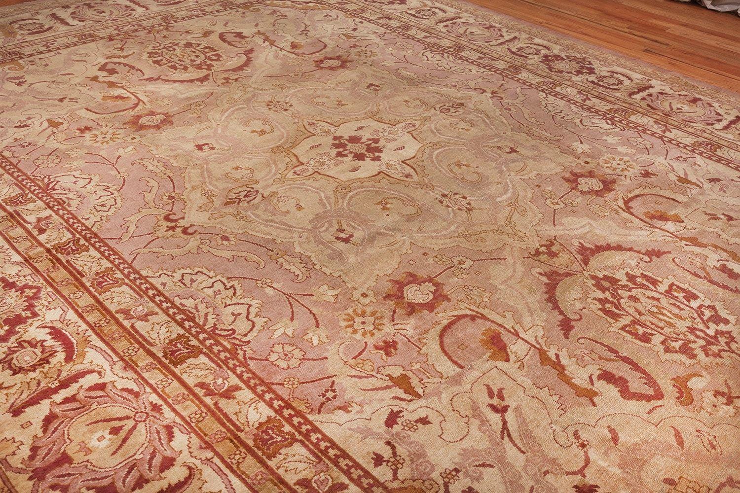 Beautiful and extremely decorative large size and soft mauve color antique Indian agar carpet, country of origin / rug type: antique Indian rugs, circa date: late 19th century. Size: 11 ft 10 in x 15 ft 8 in (3.61 m x 4.78 m)

Subtle mauve colors