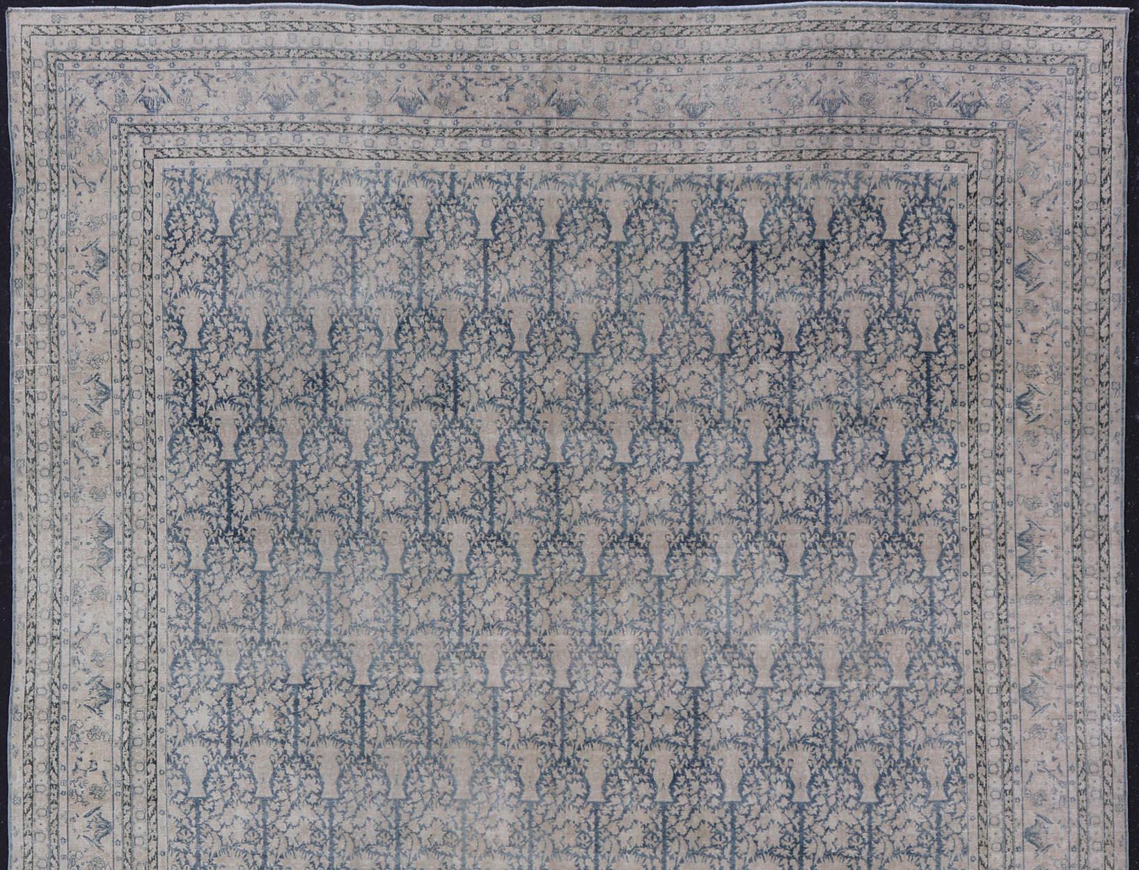 Wool Large Antique Indian Agra Rug with All-Over Design in Light Blue and Cream  For Sale