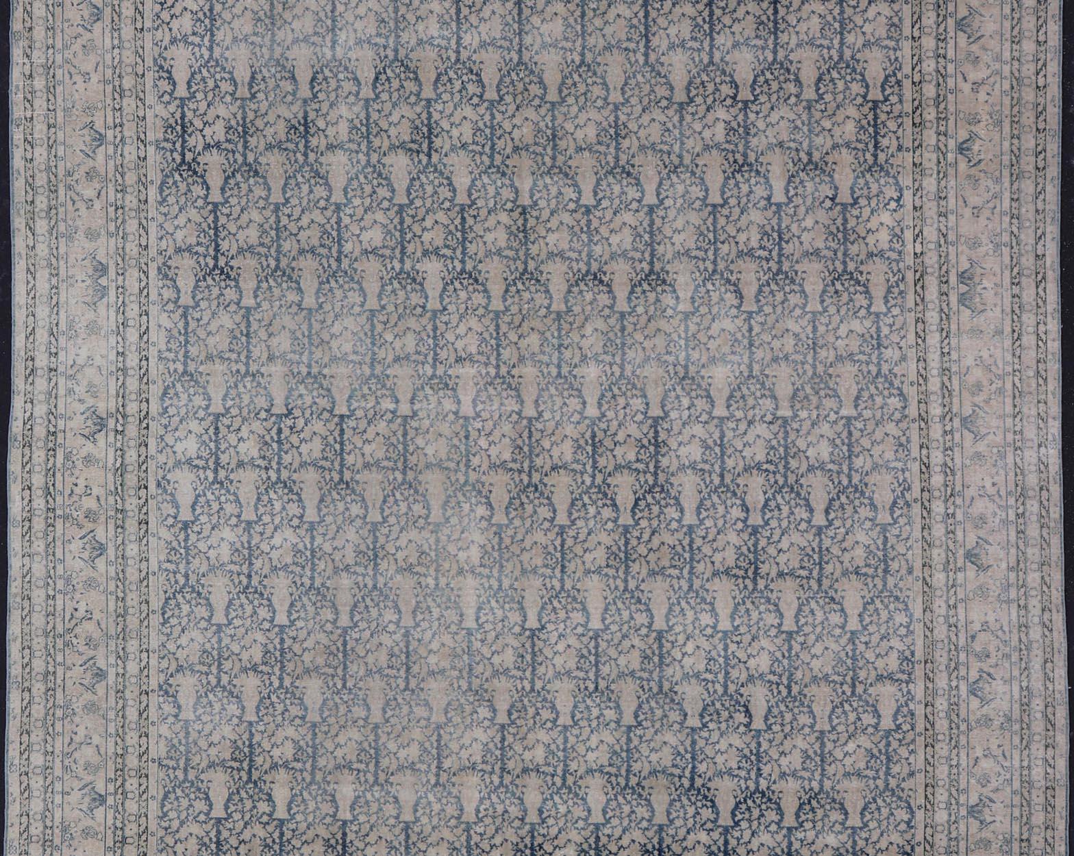 Large Antique Indian Agra Rug with All-Over Design in Light Blue and Cream  For Sale 1