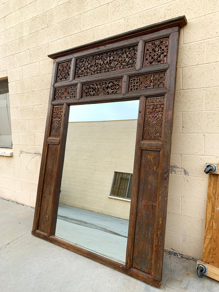 Large Antique Indian Carved Window Frame Mirror For Sale at 1stDibs