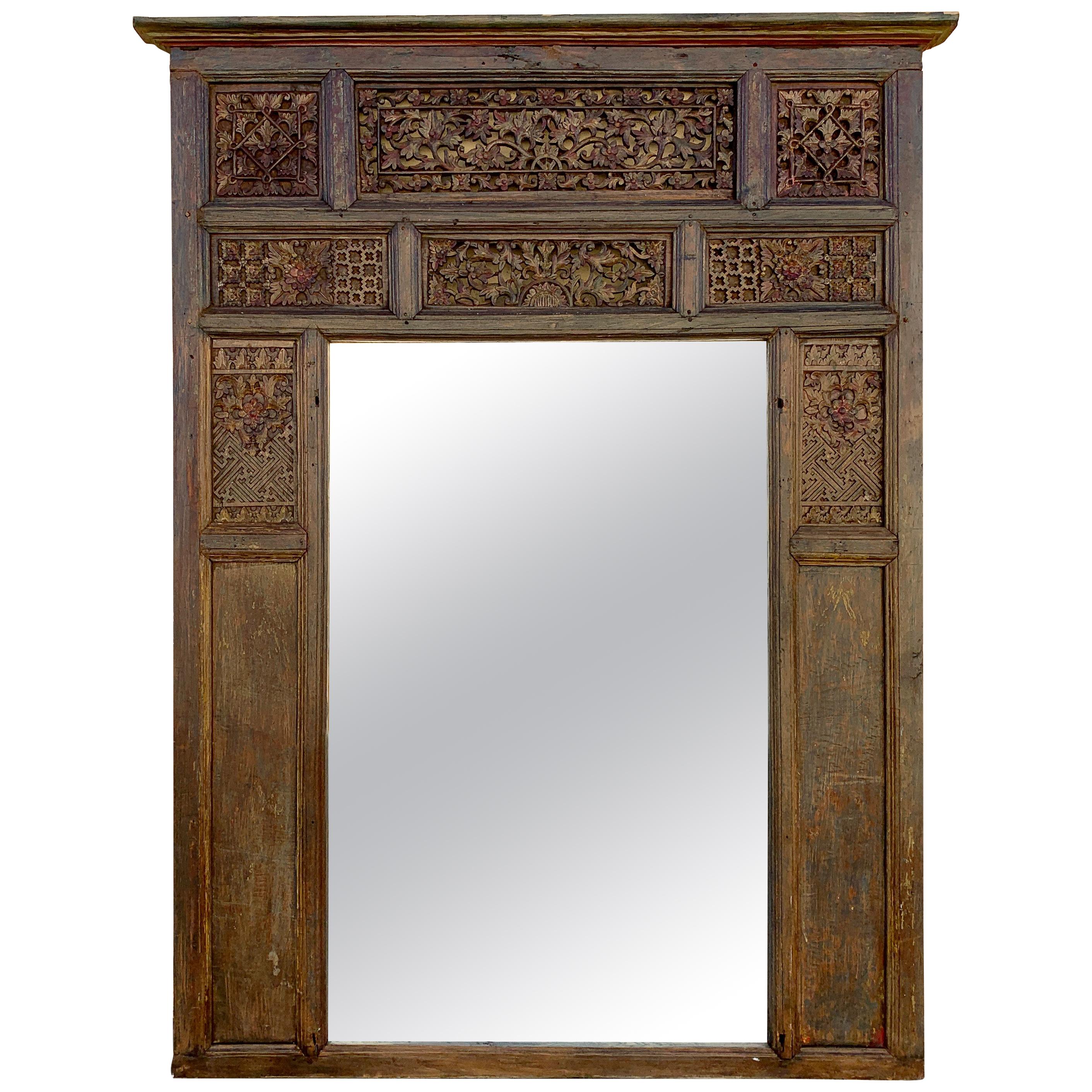 Large Antique Indian Carved Window Frame Mirror For Sale