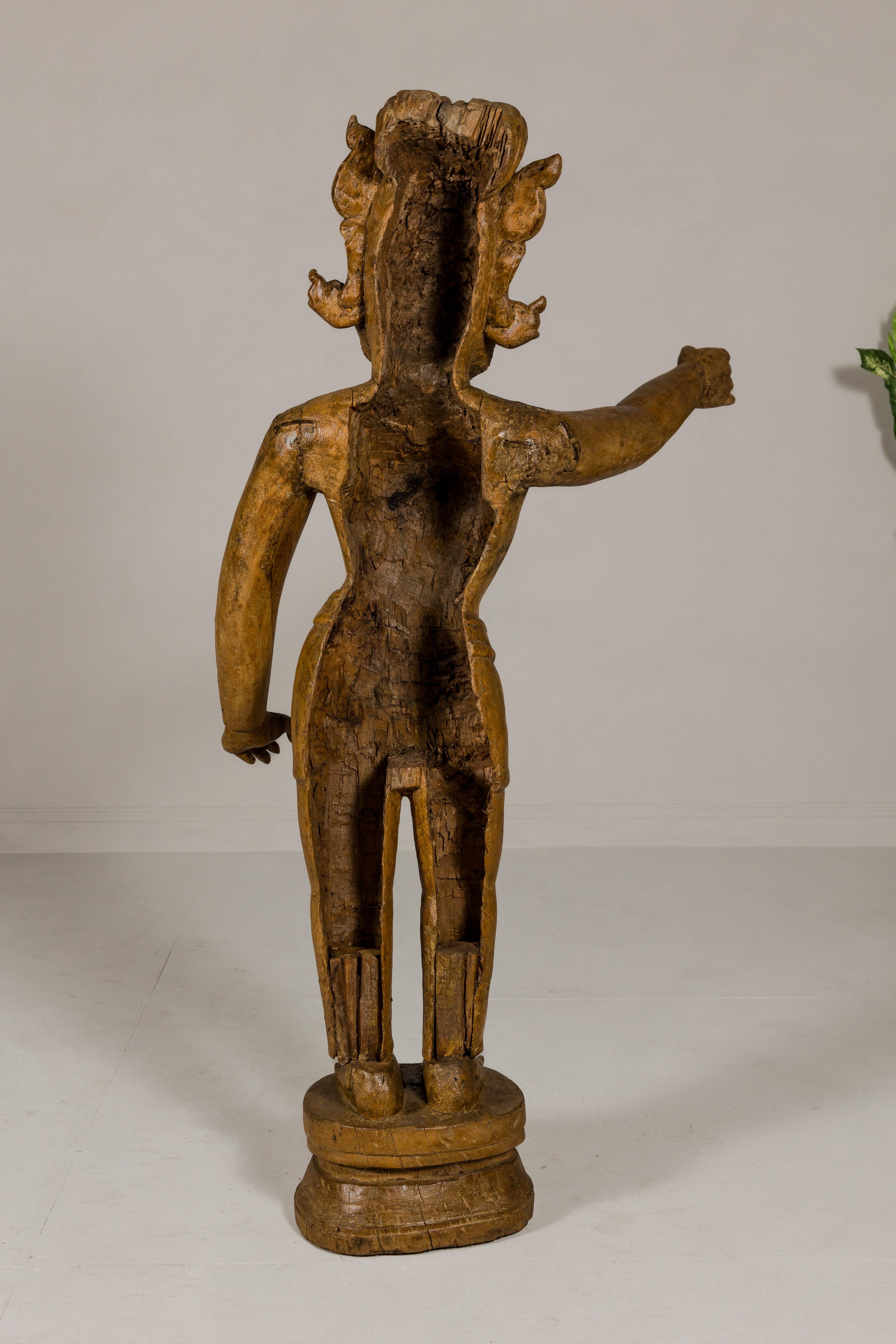 Large Antique Indian Carved Wood Mogul Standing Figure with Extended Arms For Sale 6