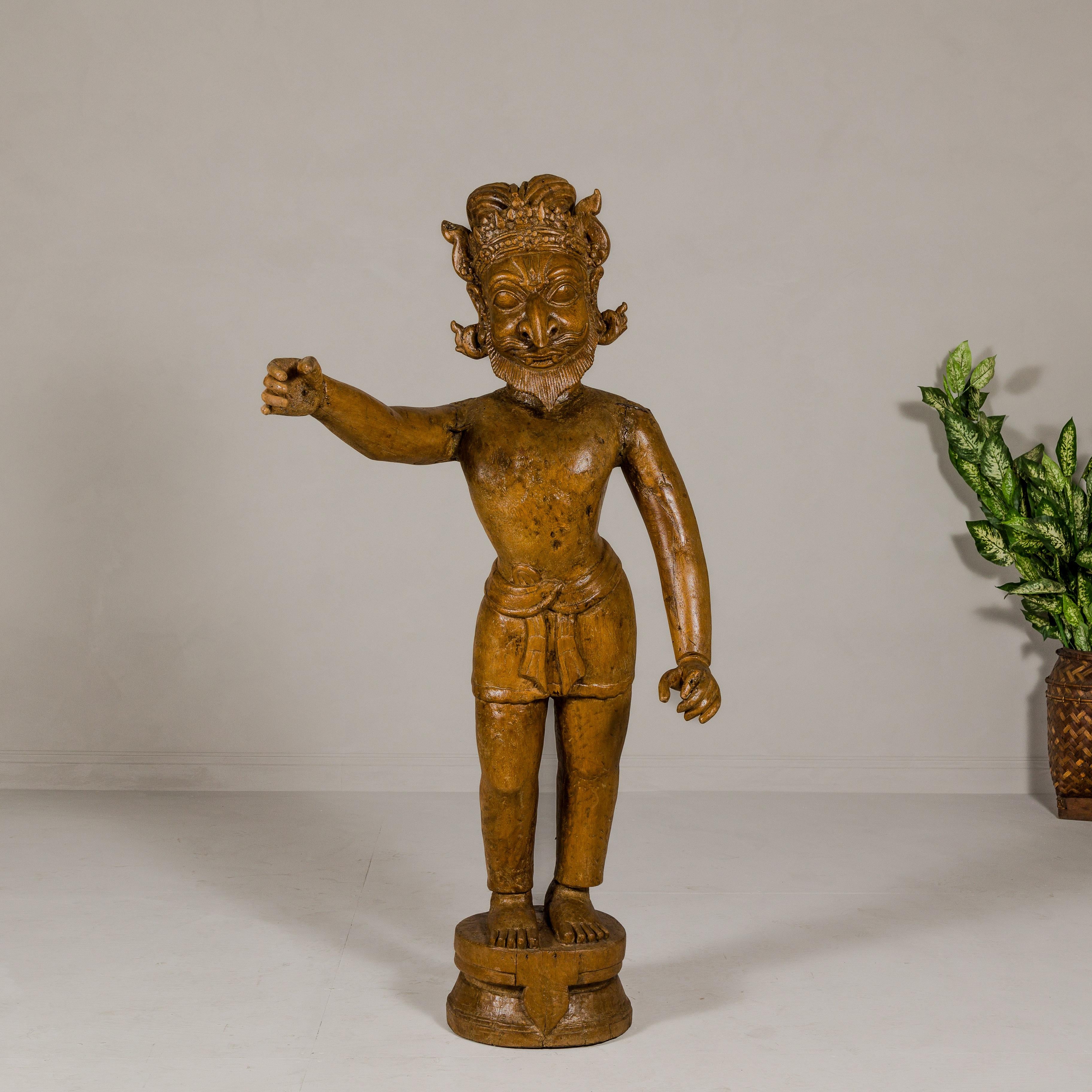 Large Antique Indian Carved Wood Mogul Standing Figure with Extended Arms In Good Condition For Sale In Yonkers, NY
