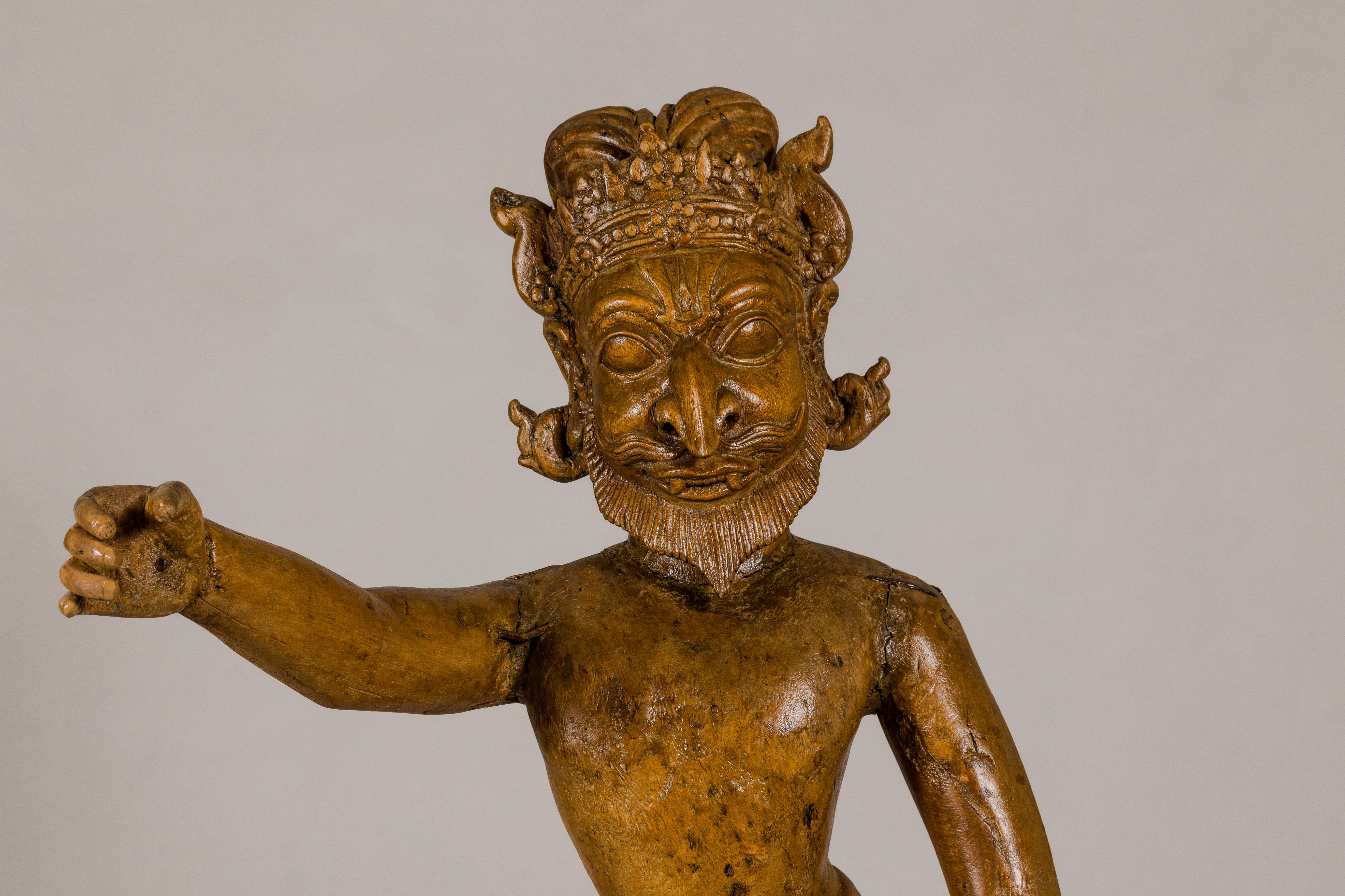 20th Century Large Antique Indian Carved Wood Mogul Standing Figure with Extended Arms For Sale