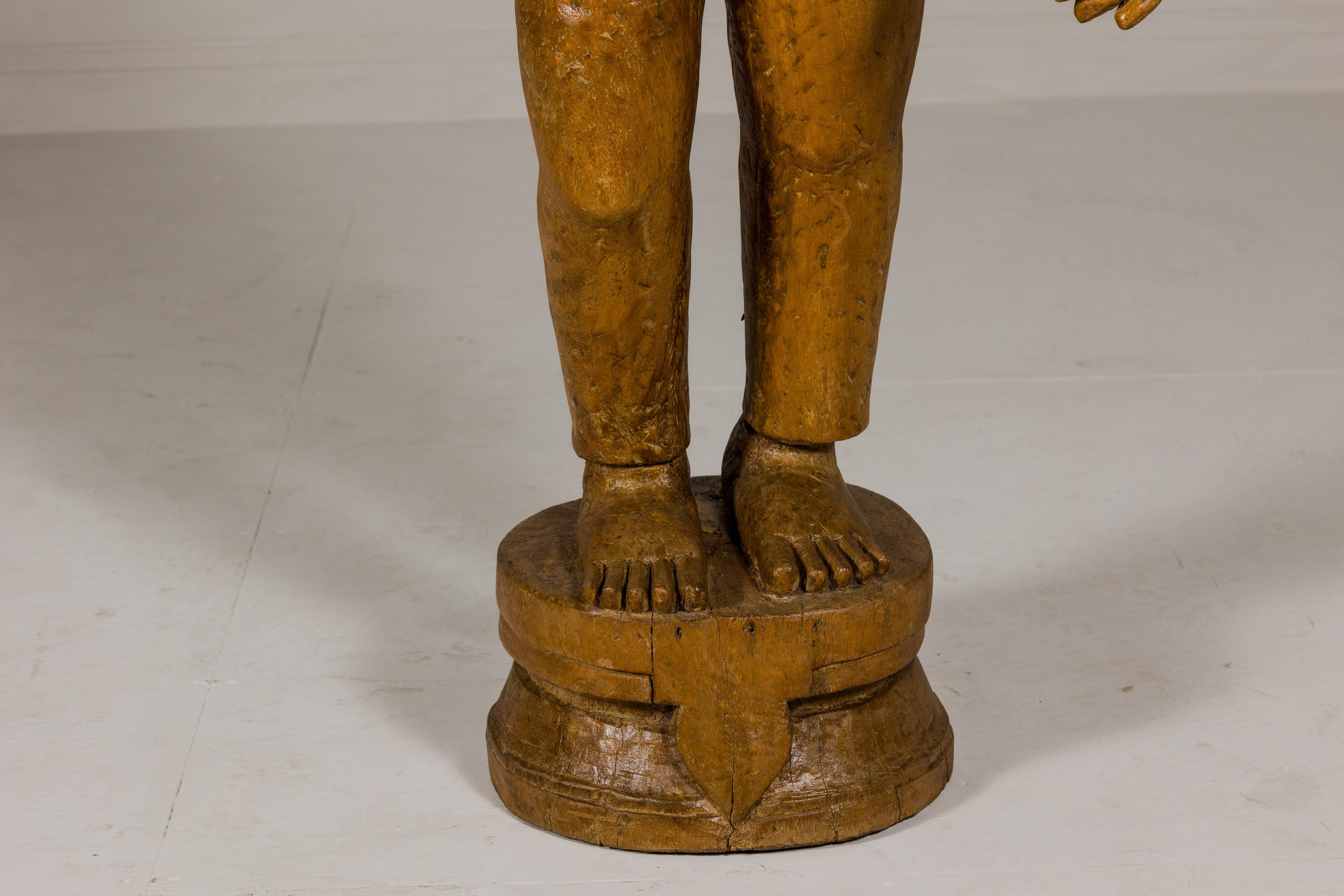 Large Antique Indian Carved Wood Mogul Standing Figure with Extended Arms For Sale 2