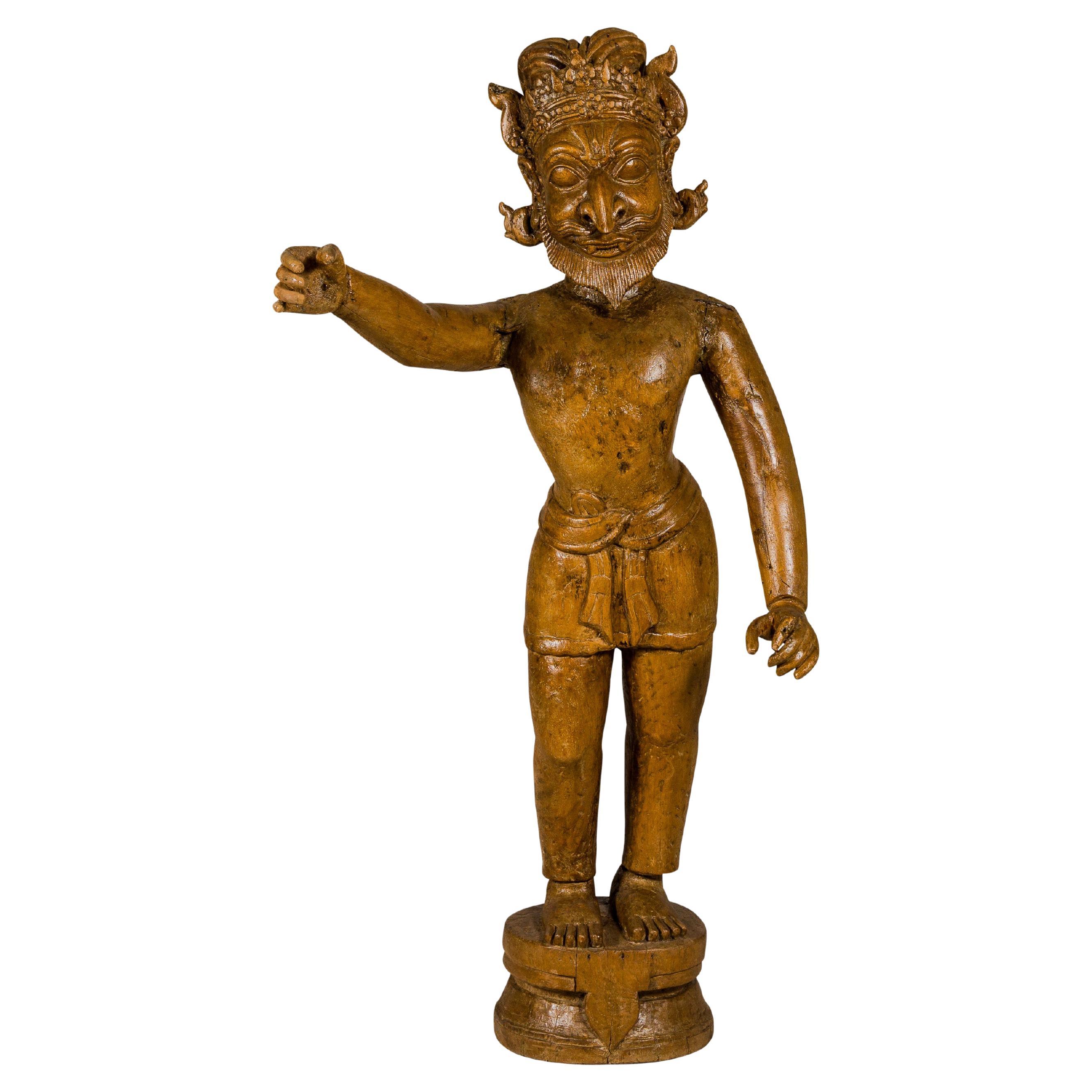 Large Antique Indian Carved Wood Mogul Standing Figure with Extended Arms For Sale