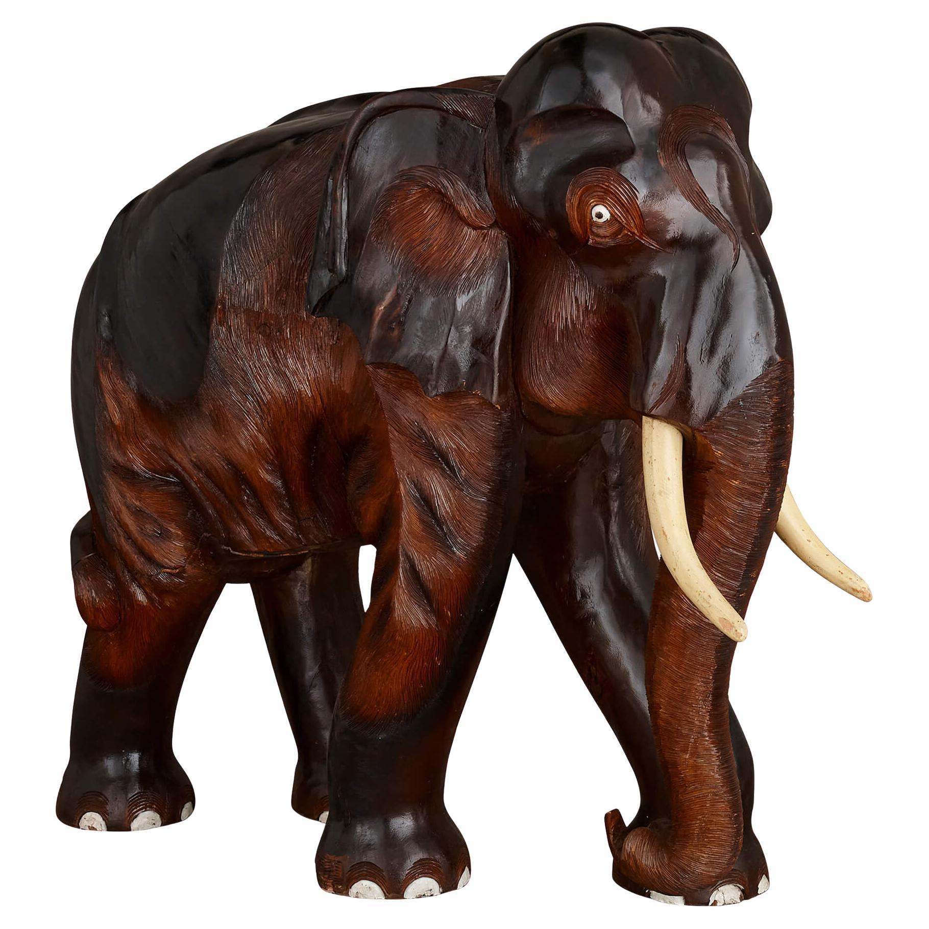 Large Antique Indian Hand-Carved Brown Wooden Elephant Sculpture