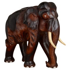 Large Antique Indian Hand-Carved Brown Wooden Elephant Sculpture