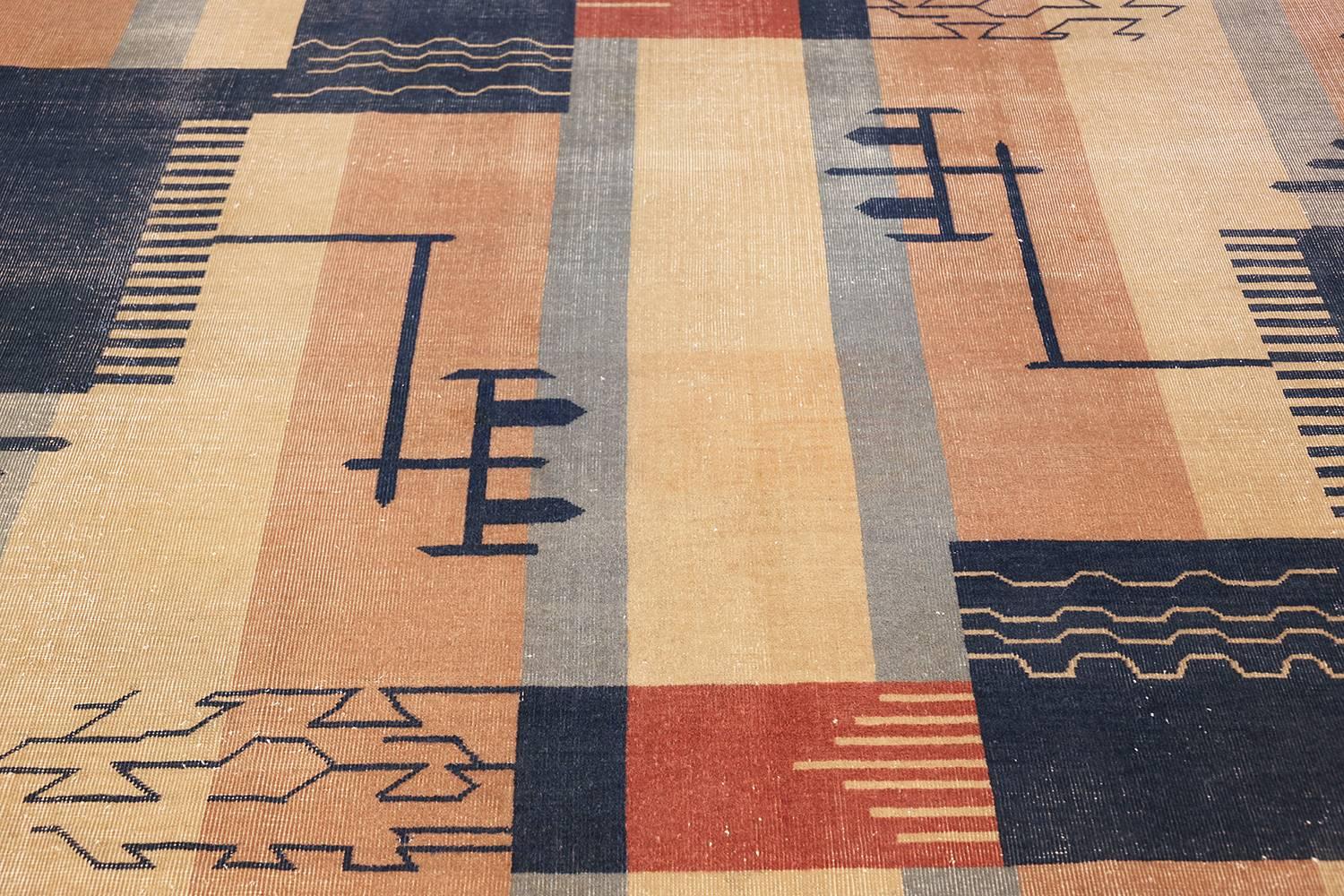 Wool Antique Indian Shabby Chic Art Deco Rug. 12 ft 4 in x 15 ft For Sale