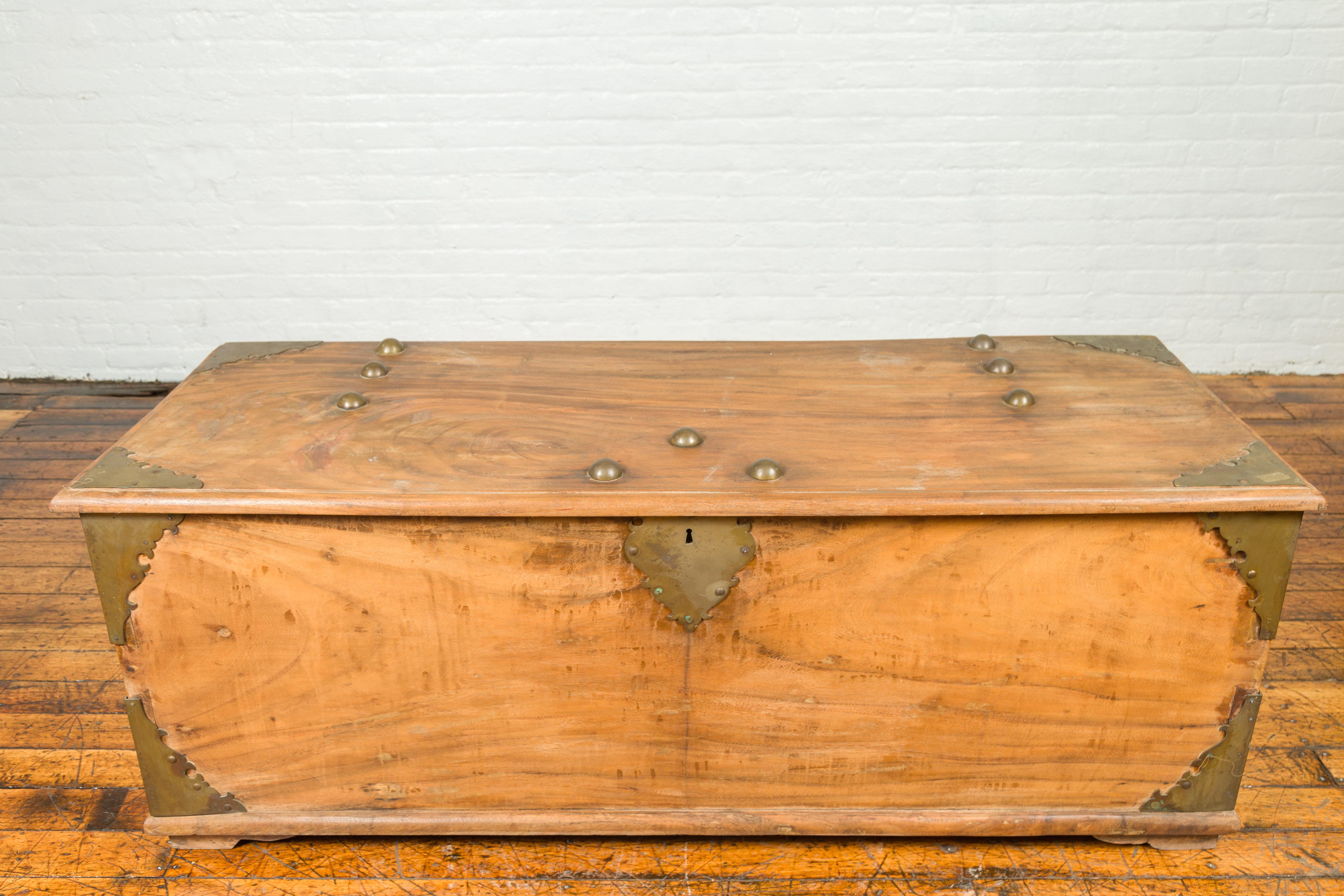 Large Antique Indian Wooden Blanket Chest with Bronze Hardware and Round Dowels 3