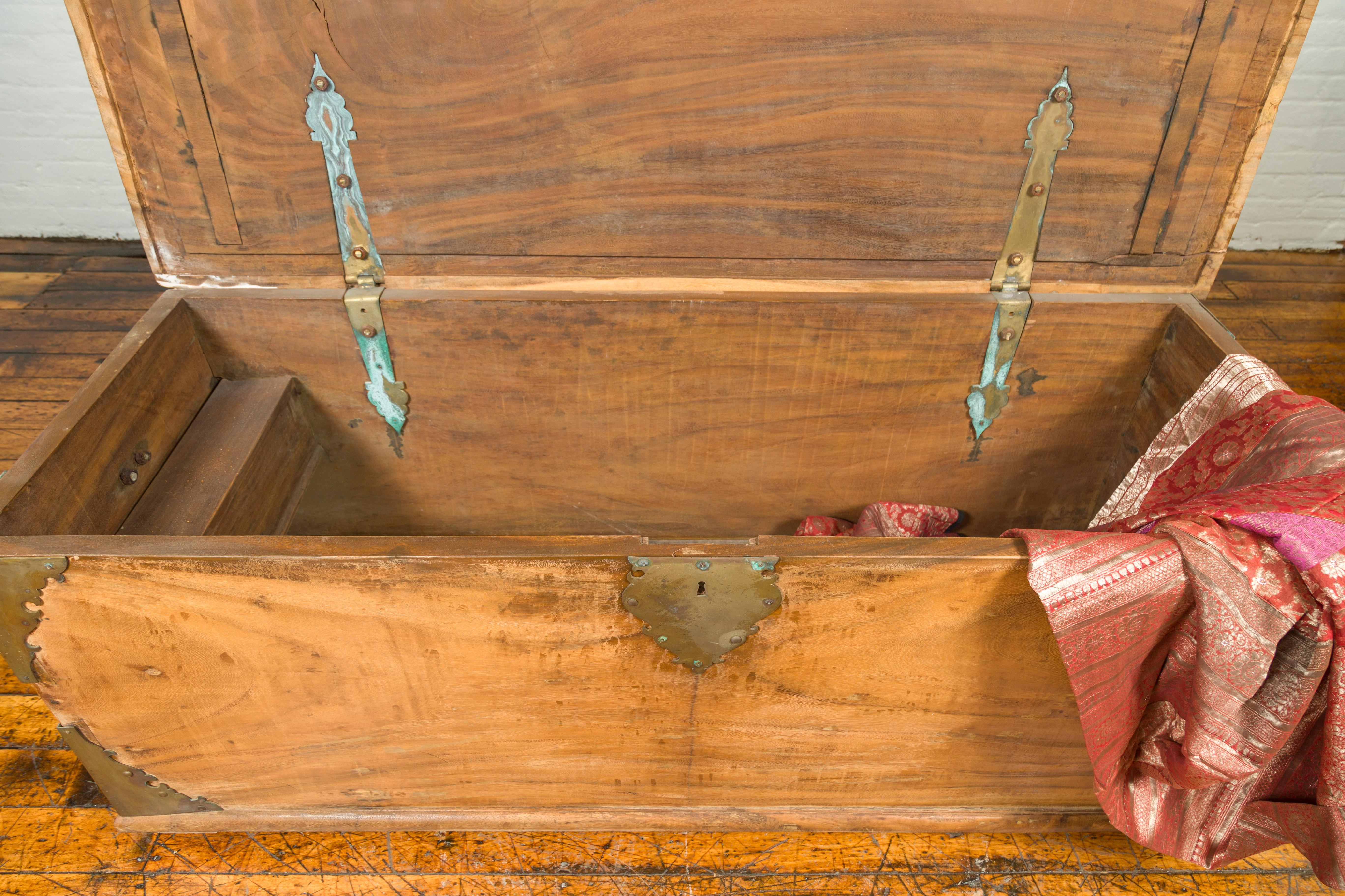 Large Antique Indian Wooden Blanket Chest with Bronze Hardware and Round Dowels 5