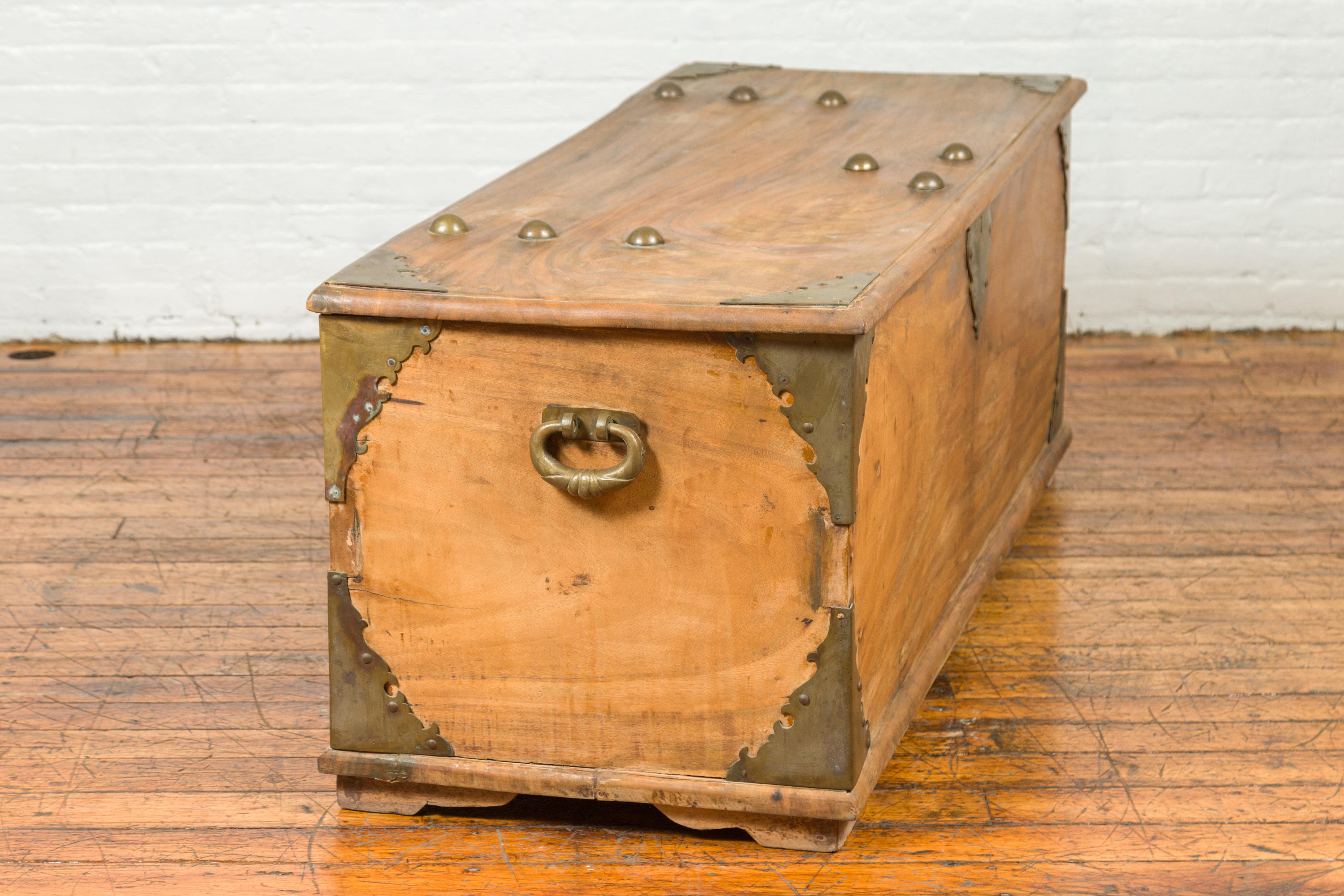 Large Antique Indian Wooden Blanket Chest with Bronze Hardware and Round Dowels 6