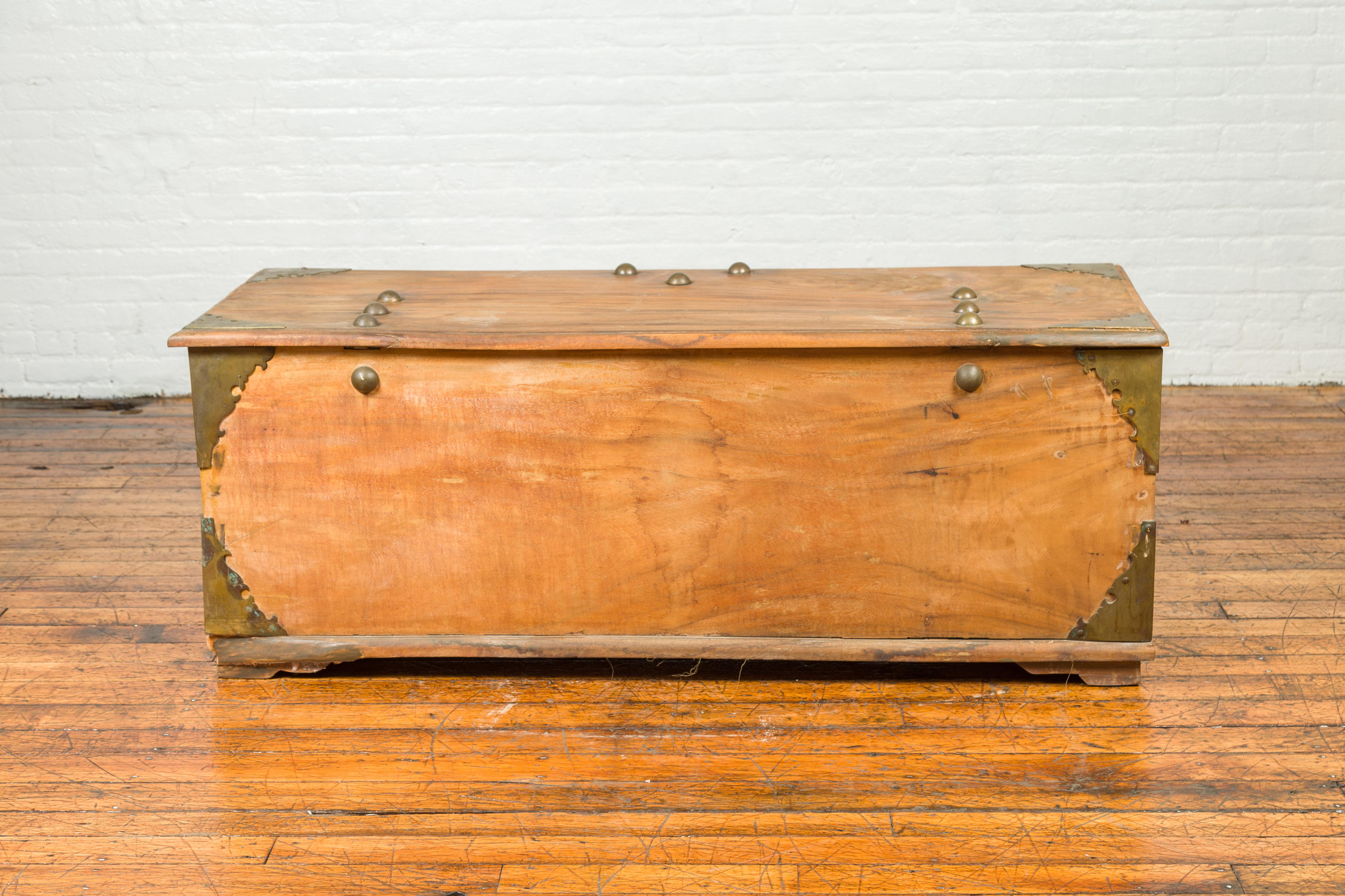 Large Antique Indian Wooden Blanket Chest with Bronze Hardware and Round Dowels 7