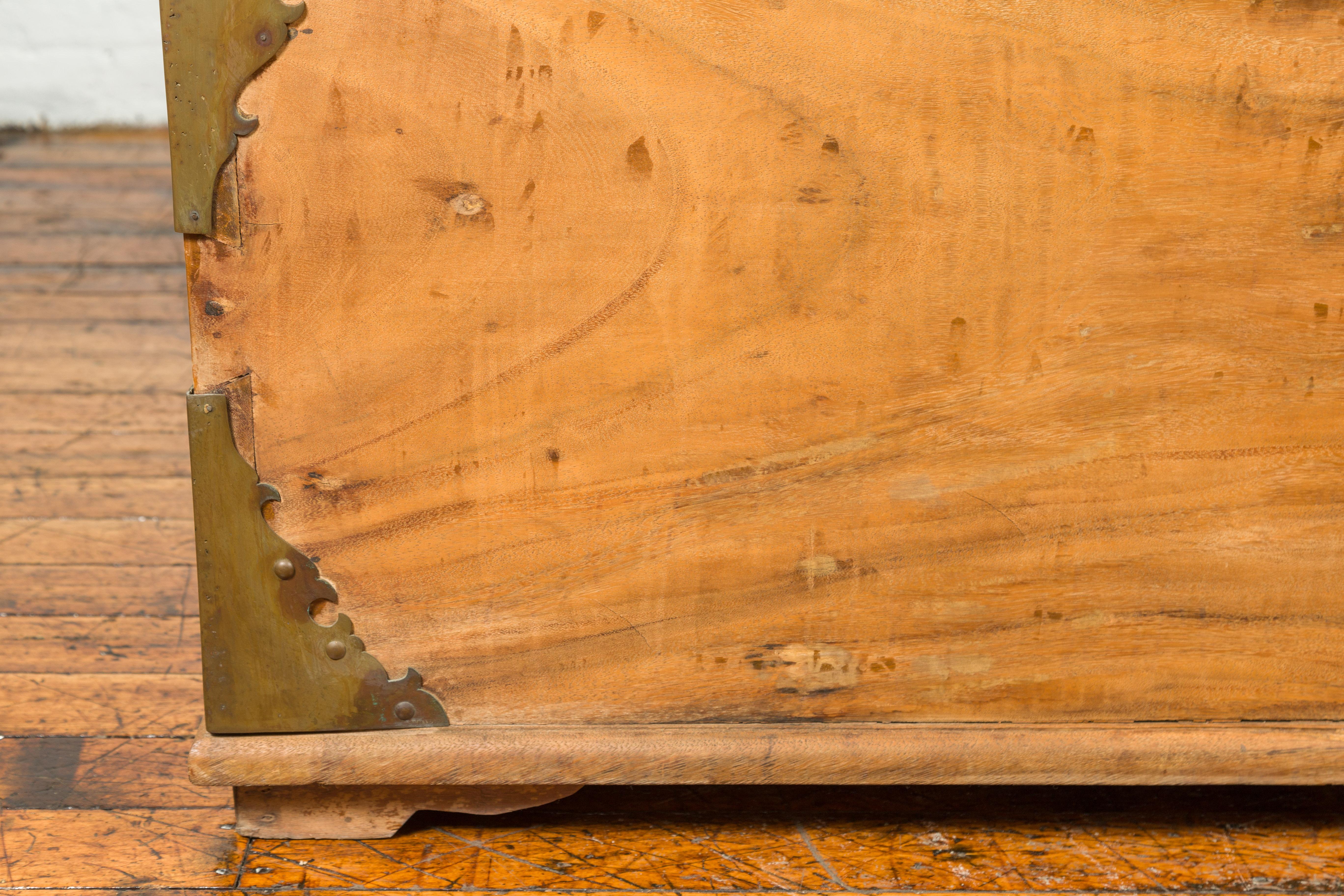 Large Antique Indian Wooden Blanket Chest with Bronze Hardware and Round Dowels In Good Condition In Yonkers, NY