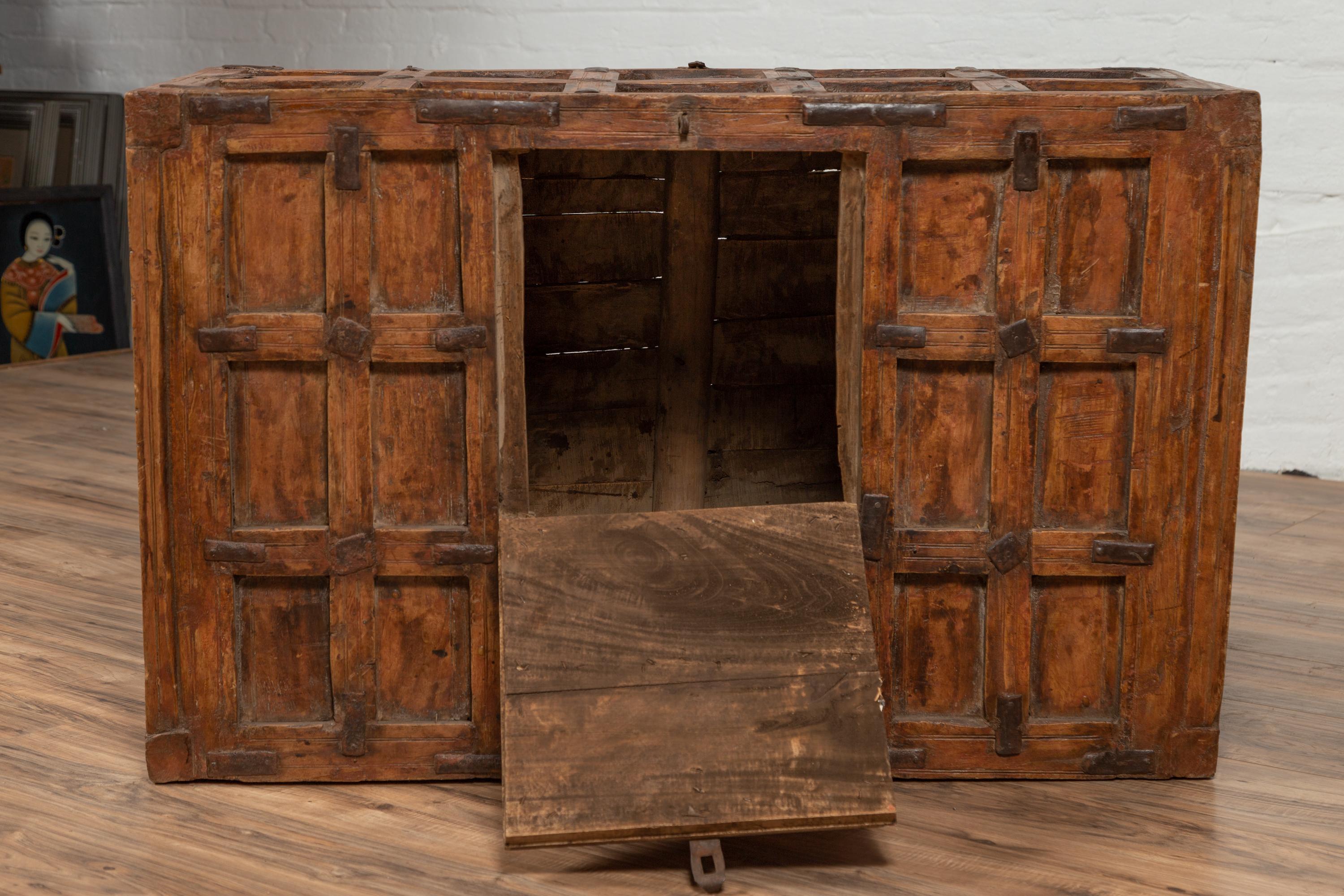 Large Antique Indian Wooden Trunk with Recessed Panels and Frontal Opening 10