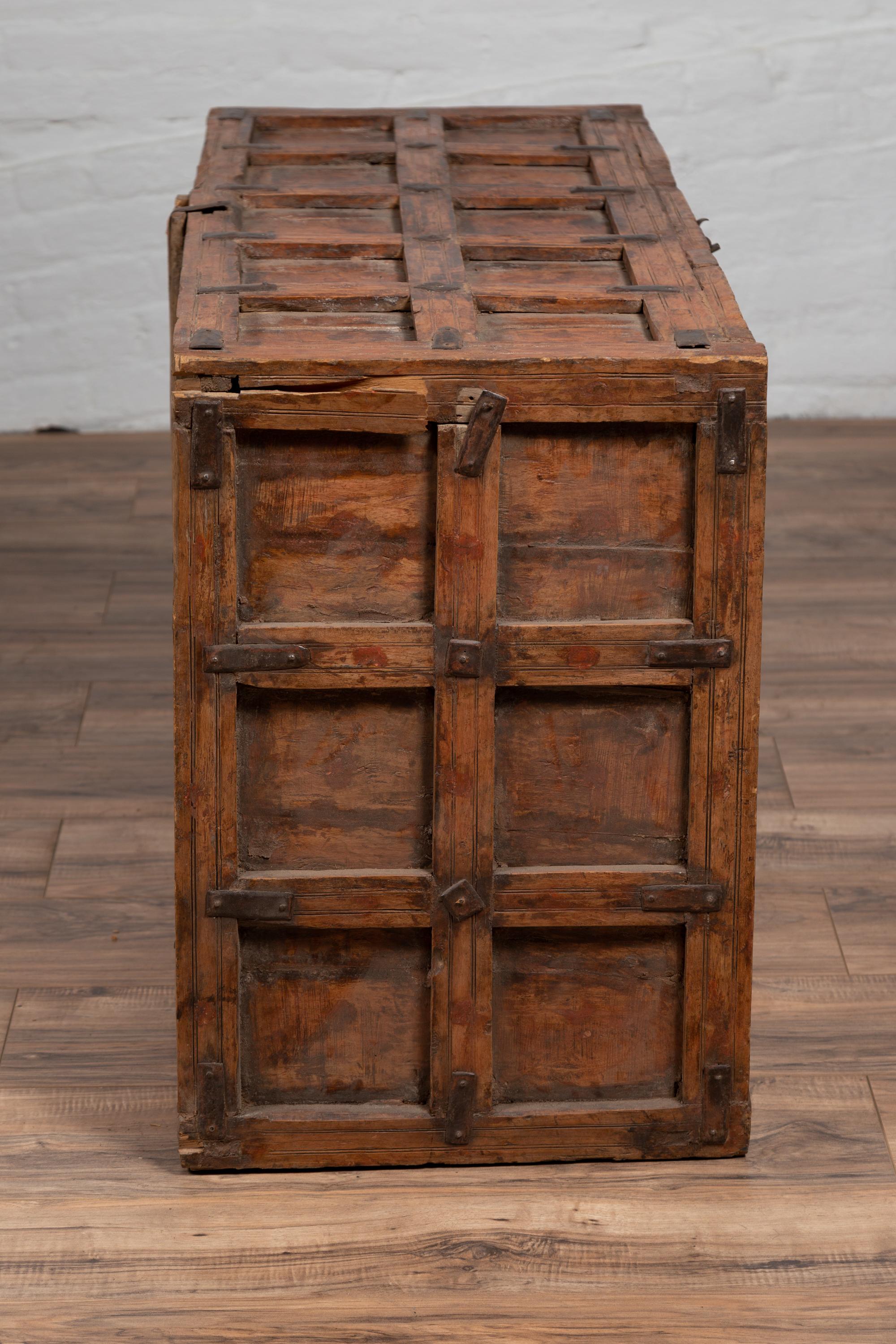 Large Antique Indian Wooden Trunk with Recessed Panels and Frontal Opening 12