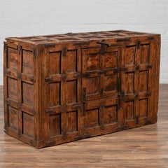 Large Antique Indian Wooden Trunk with Recessed Panels and Frontal Opening