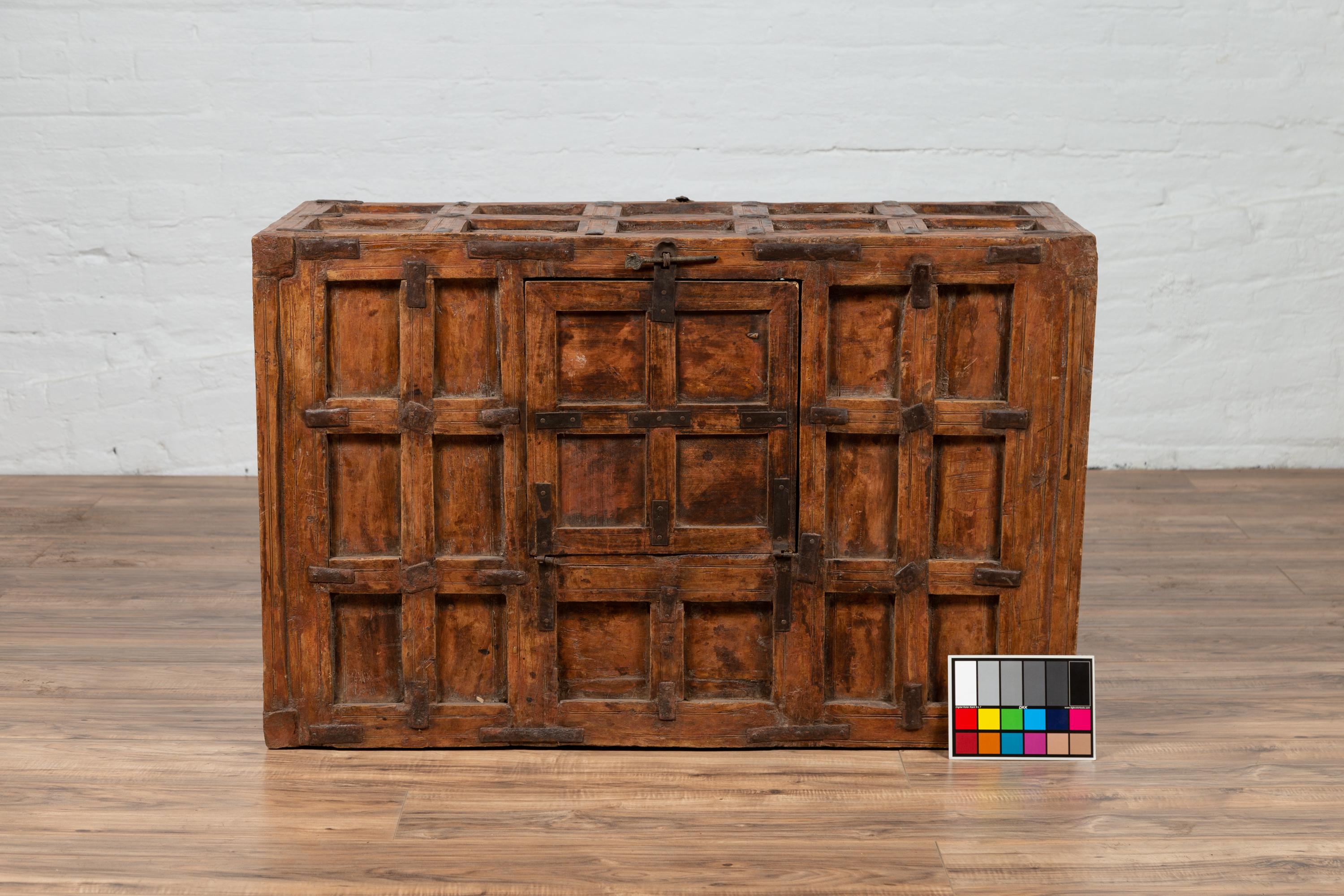 Large Antique Indian Wooden Trunk with Recessed Panels and Frontal Opening 15