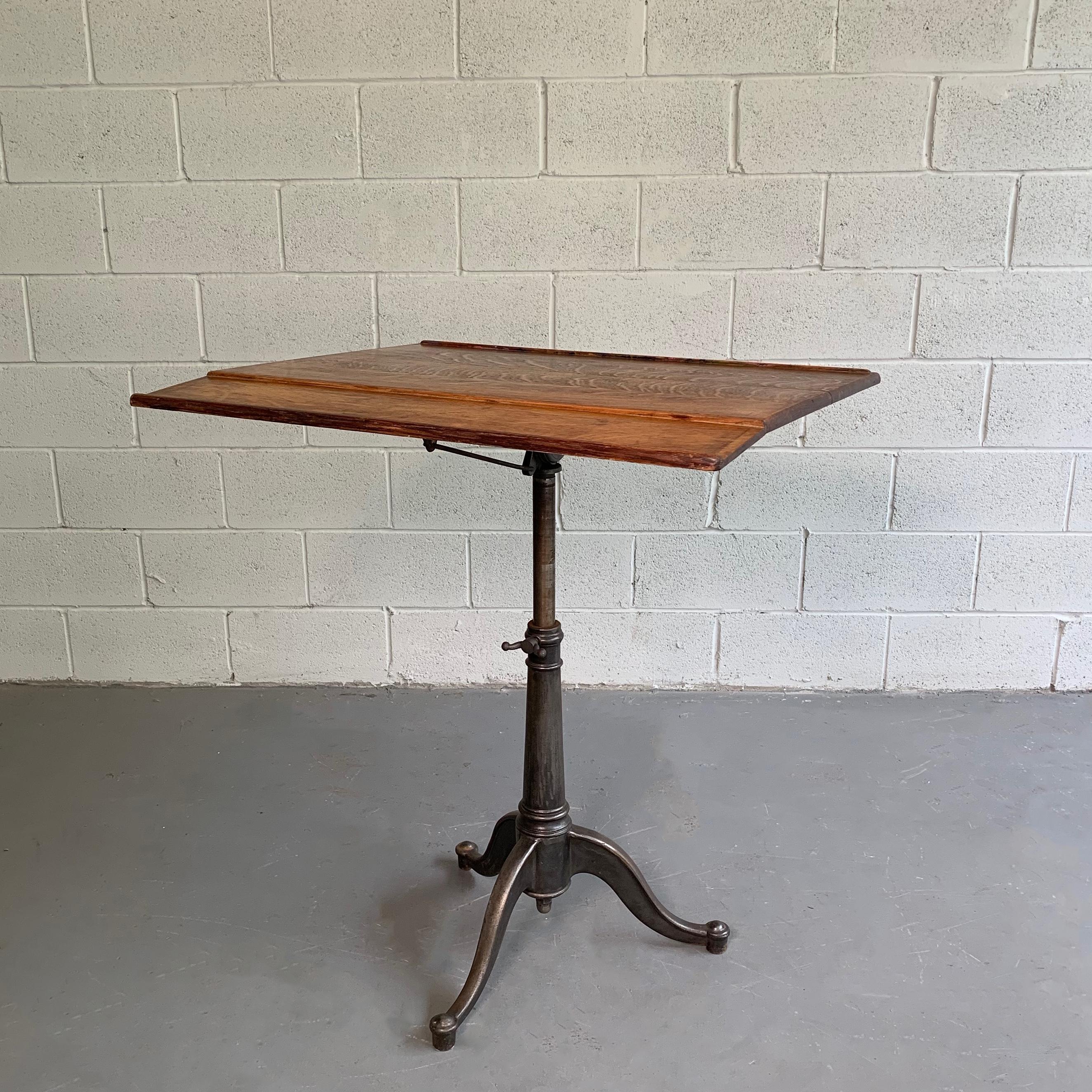 20th Century Large Antique Industrial Oak Artist Rendering Easel with Cast Iron Pedestal Base