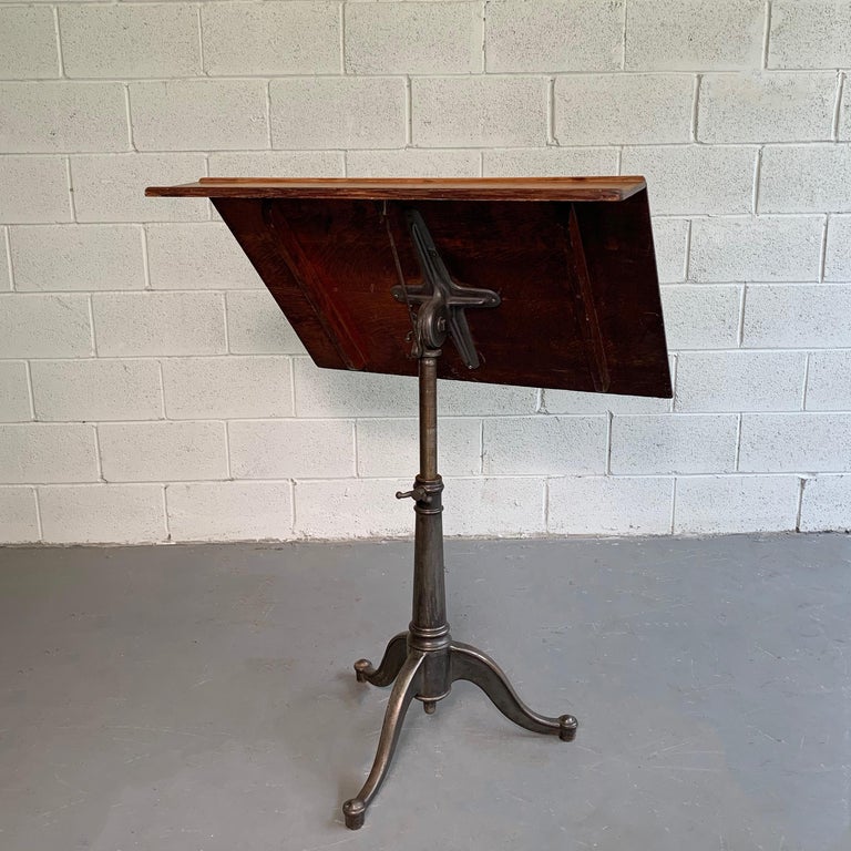 Large Antique Industrial Oak Artist Rendering Easel with Cast Iron