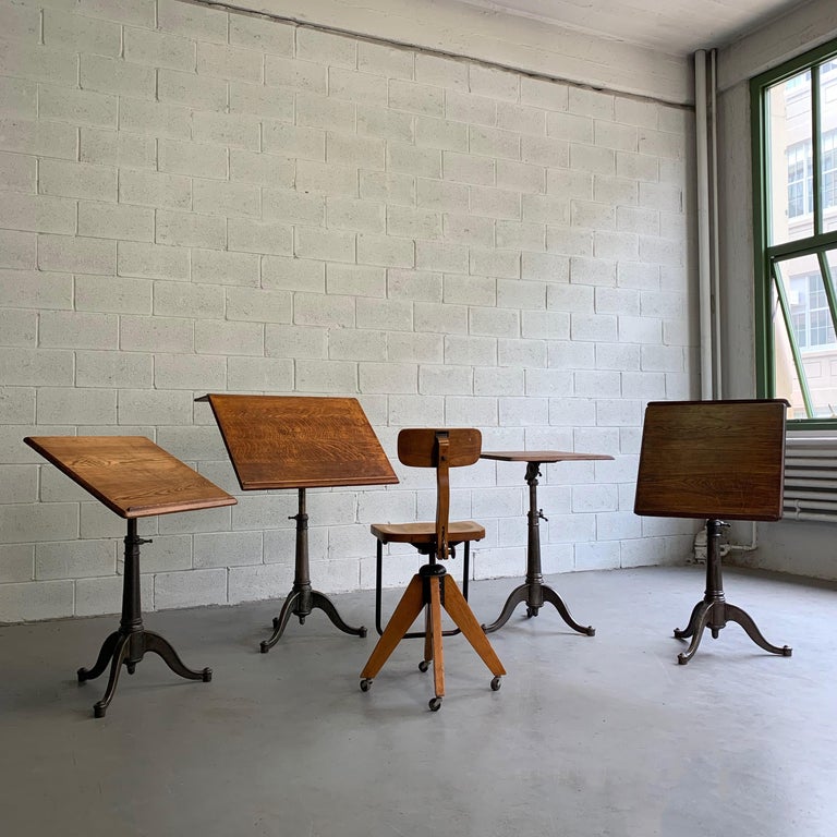 Large Antique Industrial Oak Artist Rendering Easel with Cast Iron