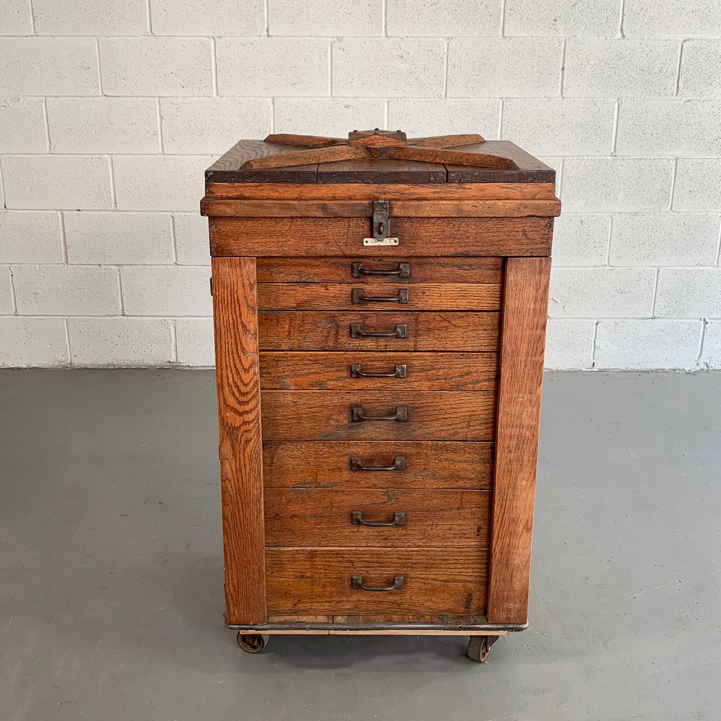 American Large Antique Industrial Oak Machinist Tool Chest Cabinet