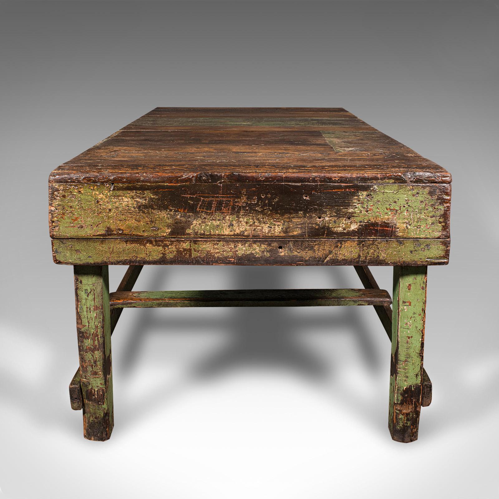 Late Victorian Large Antique Industrial Work Table, English, Pine, Factory, Bench, Victorian