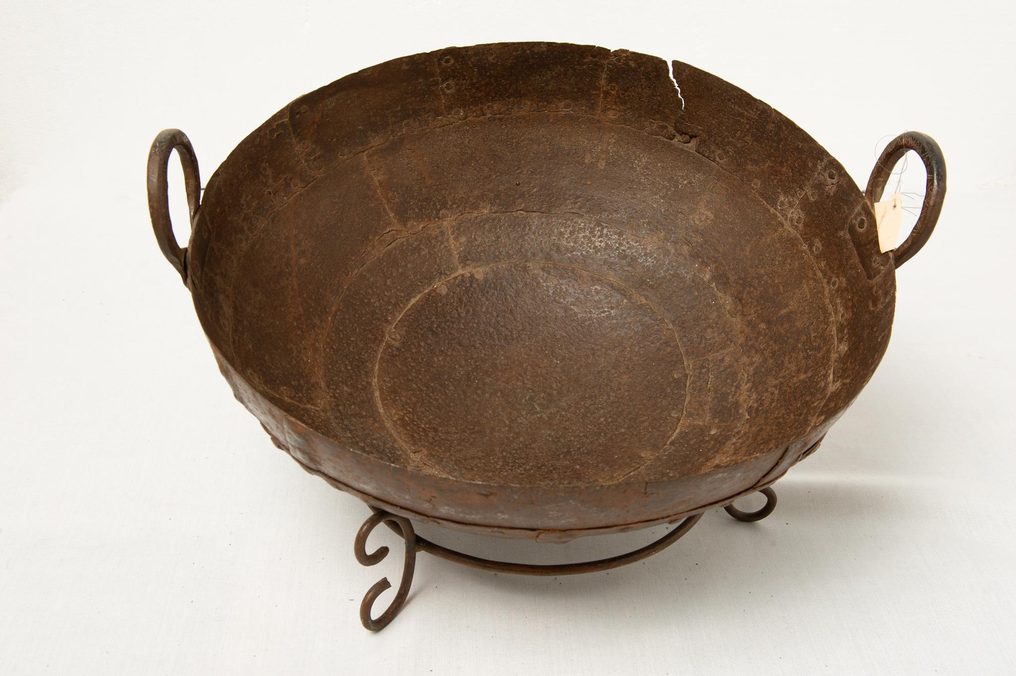 Indian Large Antique Iron Bowl on Base For Sale
