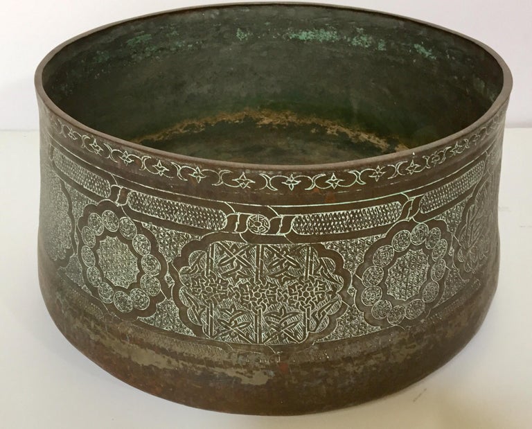 Large Antique Islamic Middle Eastern Mamluk Syrian Tined Copper Brass