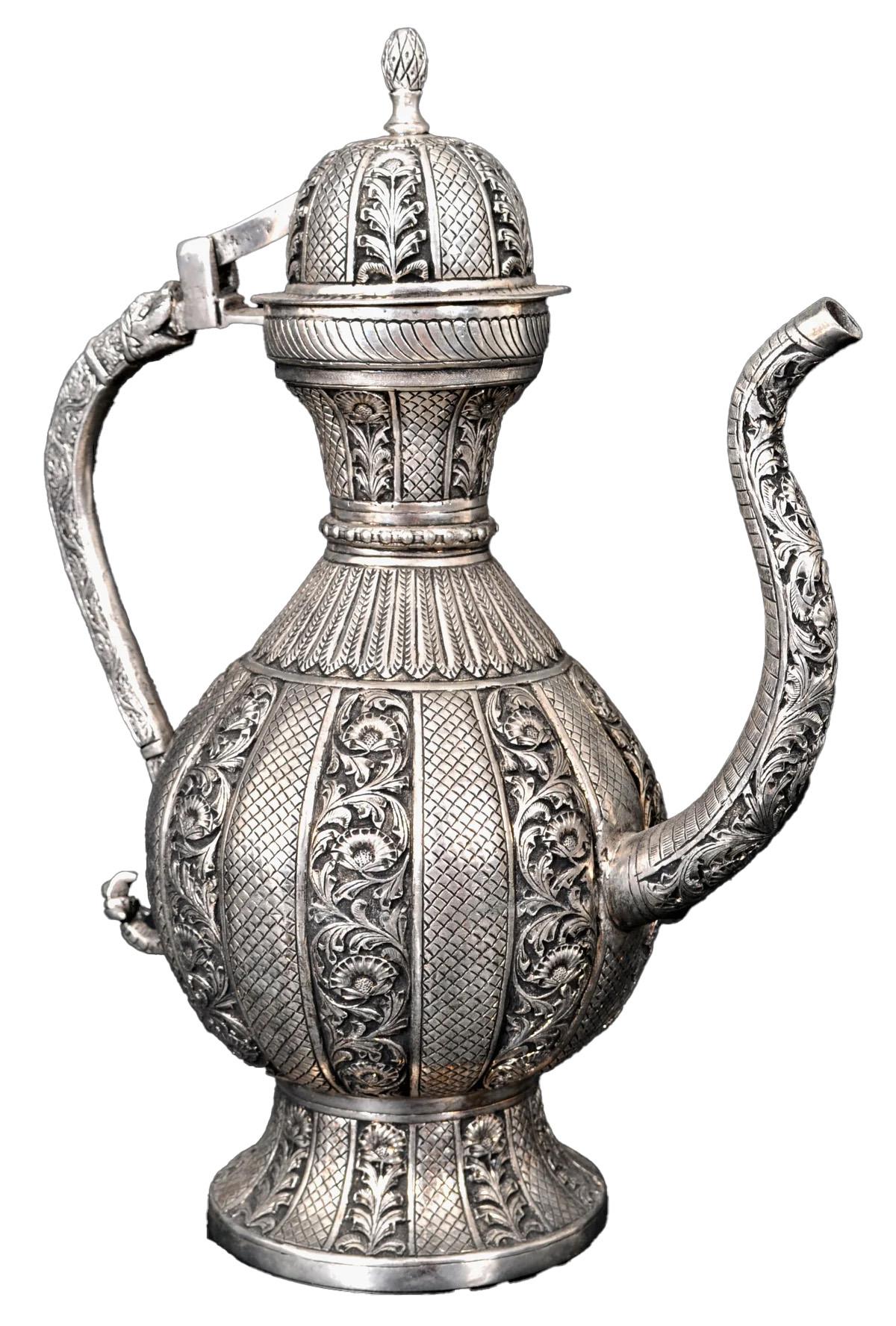 Turkish Large Antique Islamic Persian Qajar Ottoman White Metal Silver Ewer Pitcher 1880