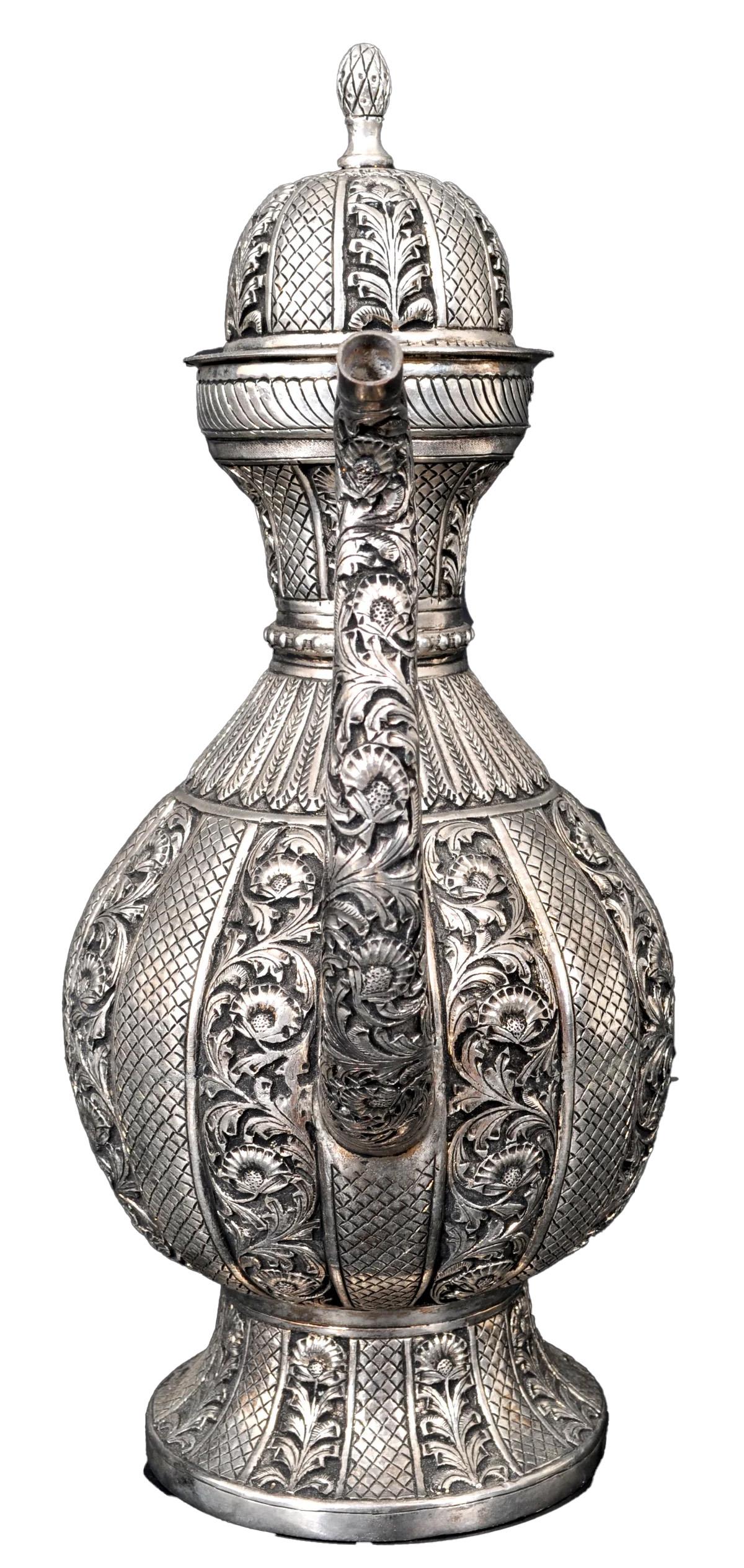 Engraved Large Antique Islamic Persian Qajar Ottoman White Metal Silver Ewer Pitcher 1880