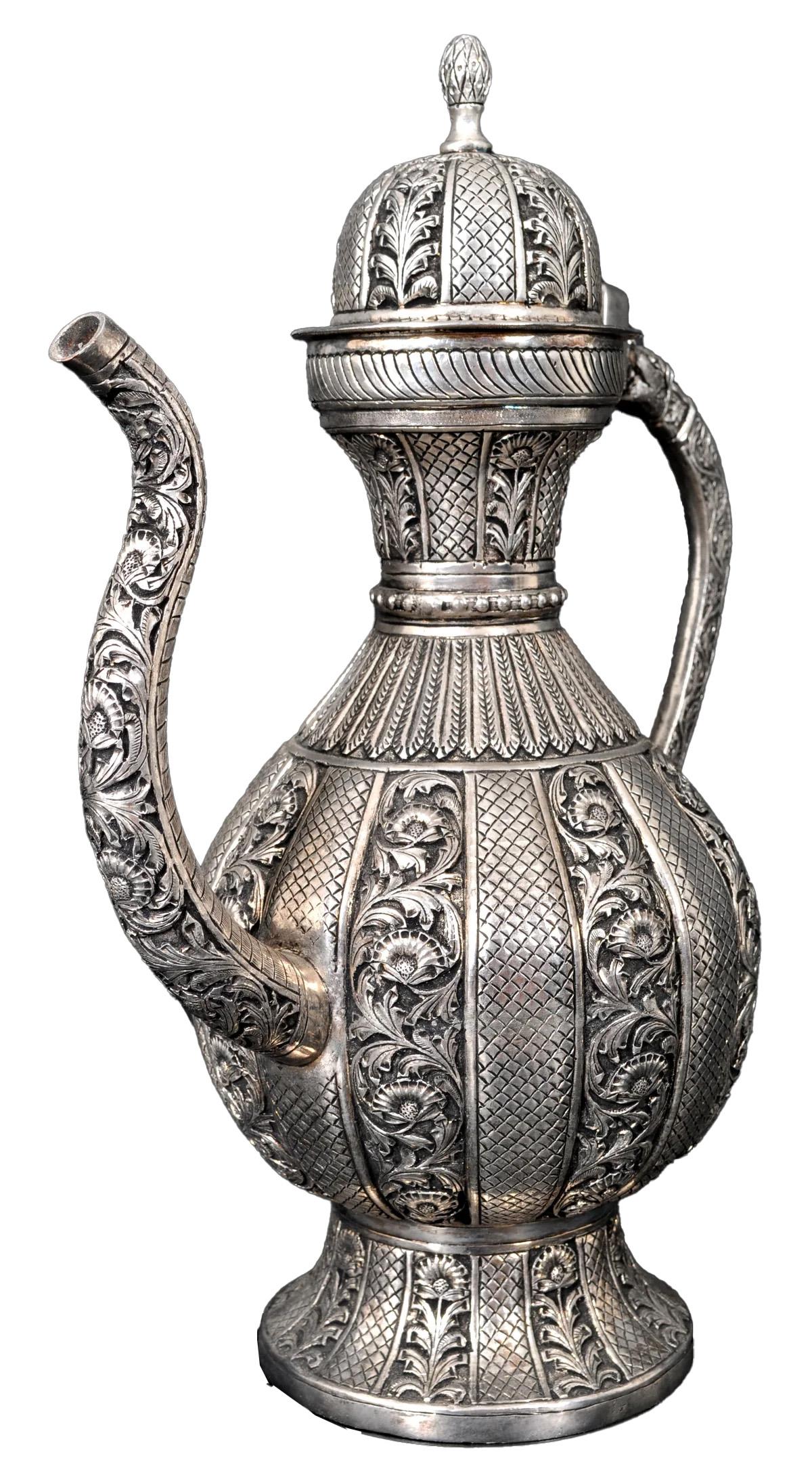 Large Antique Islamic Persian Qajar Ottoman White Metal Silver Ewer Pitcher 1880 In Good Condition In Portland, OR