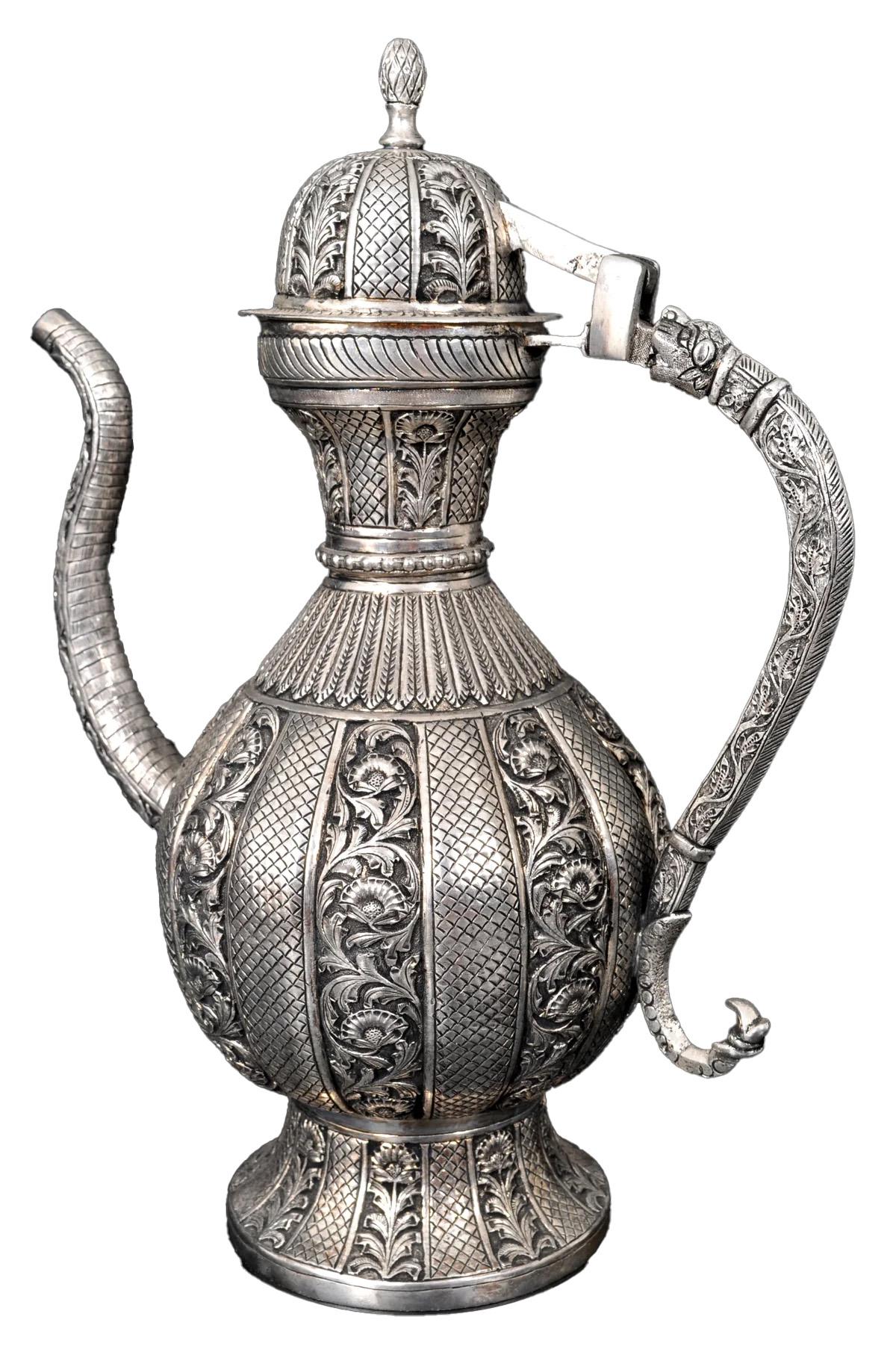 Large Antique Islamic Persian Qajar Ottoman White Metal Silver Ewer Pitcher 1880 1