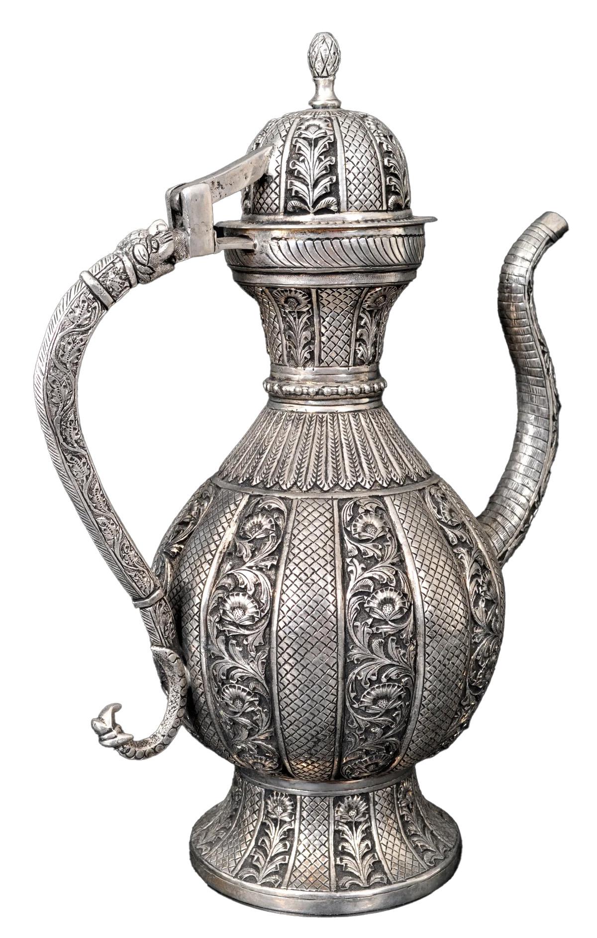 Large Antique Islamic Persian Qajar Ottoman White Metal Silver Ewer Pitcher 1880 3