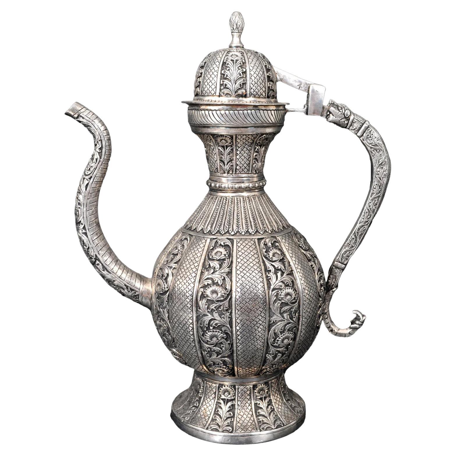 Large Antique Islamic Persian Qajar Ottoman White Metal Silver Ewer Pitcher 1880