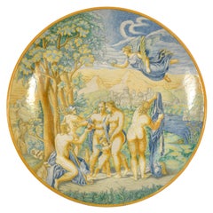 Grande piatto antico italiano del XVIII secolo in maiolica istoriata Urbino 1790