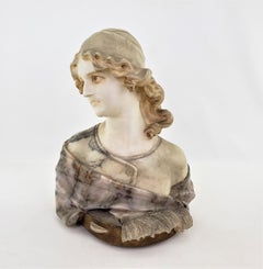 Large Antique Italian Artist Signed Hand-Carved Marble Bust of a Female Musician