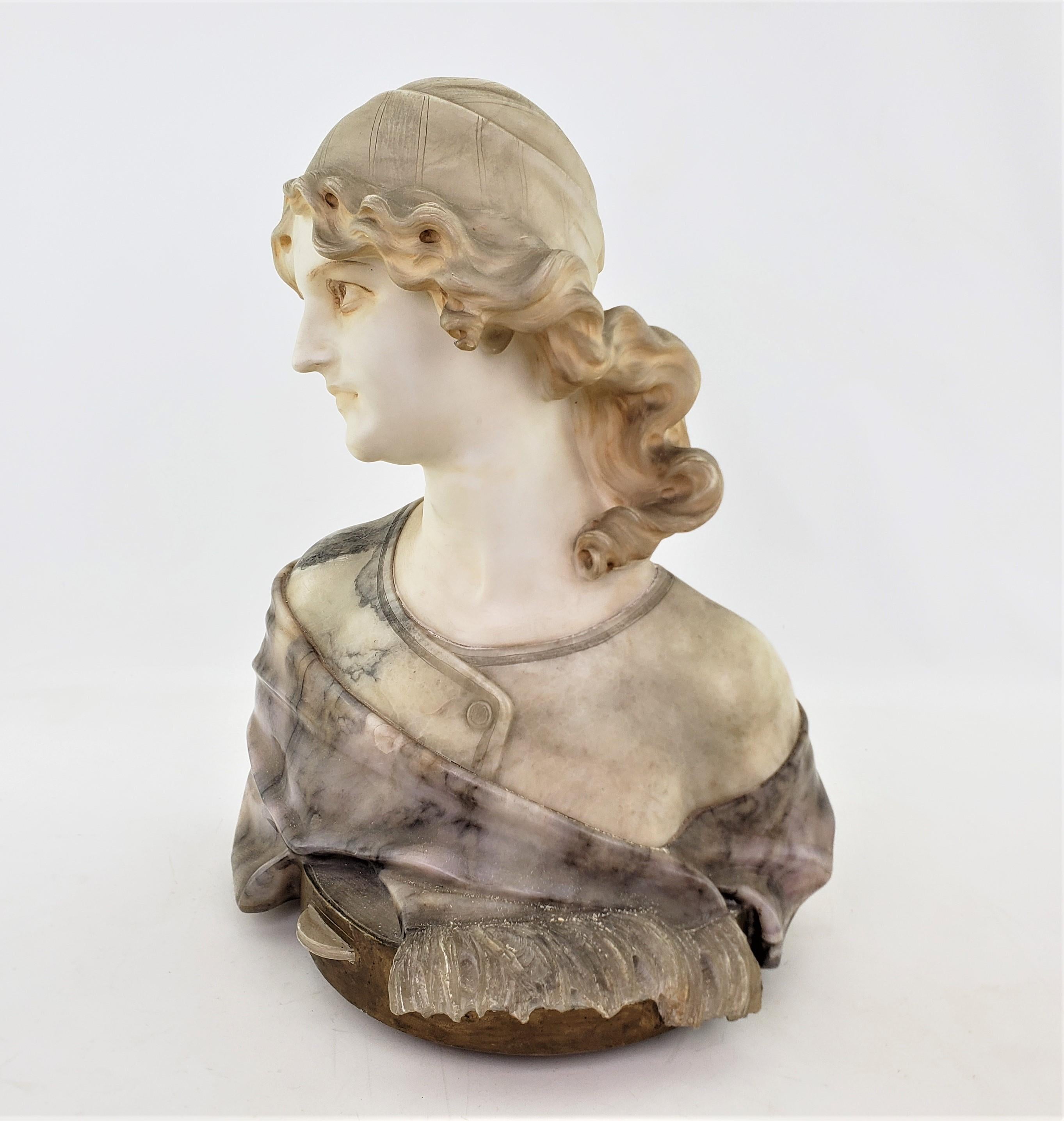 Victorian Large Antique Italian Artist Signed Hand-Carved Marble Bust of a Female Musician For Sale