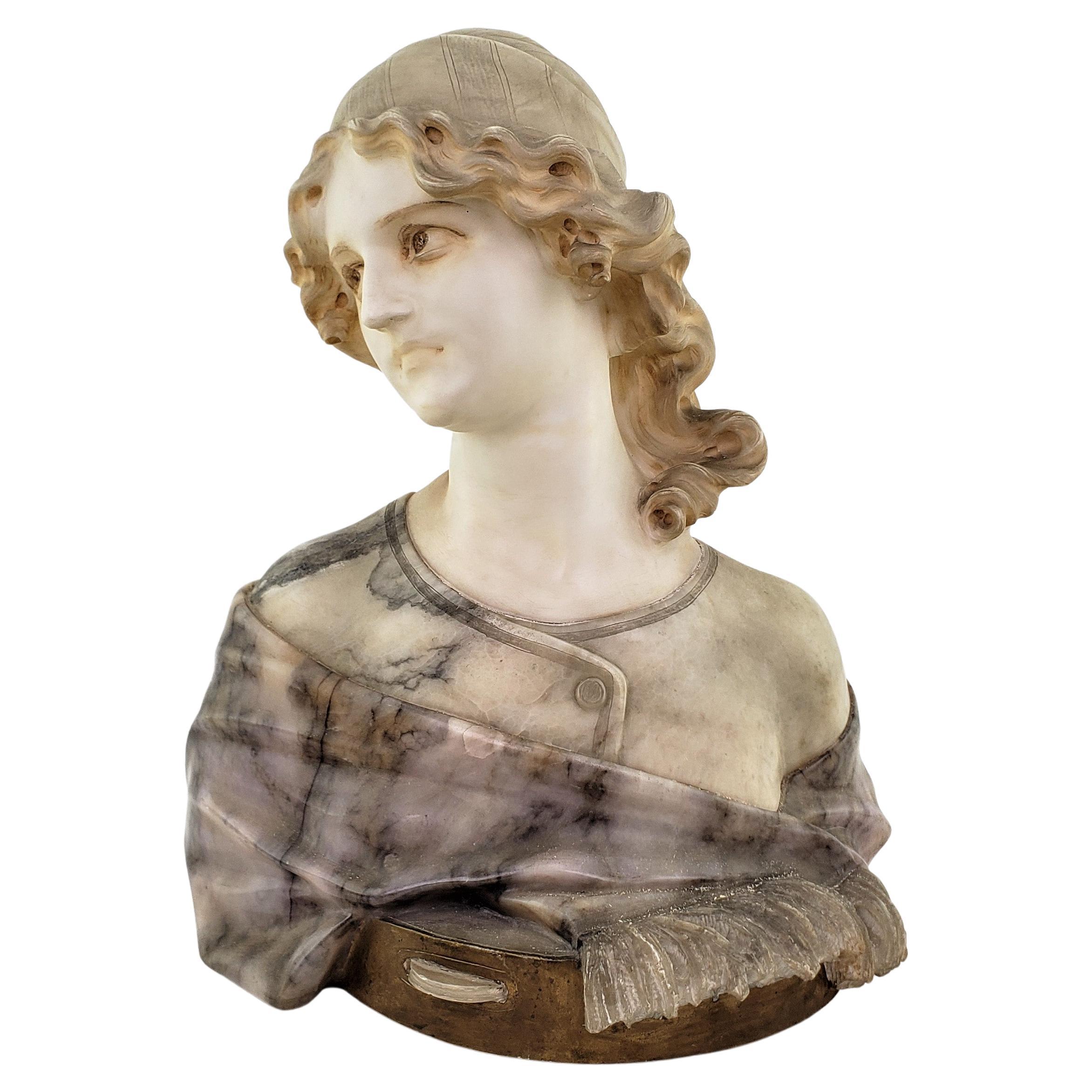 Large Antique Italian Artist Signed Hand-Carved Marble Bust of a Female Musician For Sale