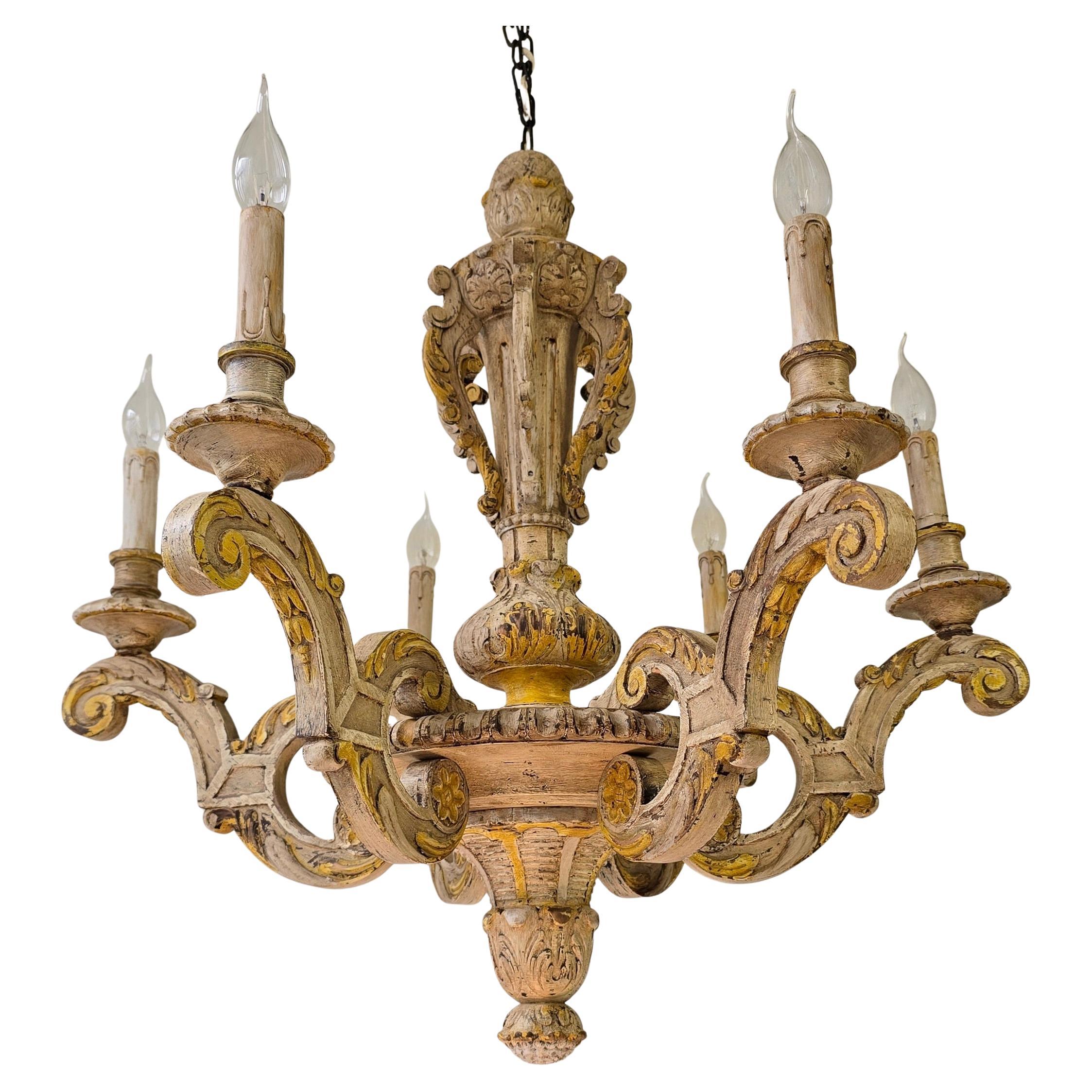Baroque Revival Large Antique Italian Baroque Chandelier in Carved Wood, Rustic Wabi-Sabi Patin For Sale