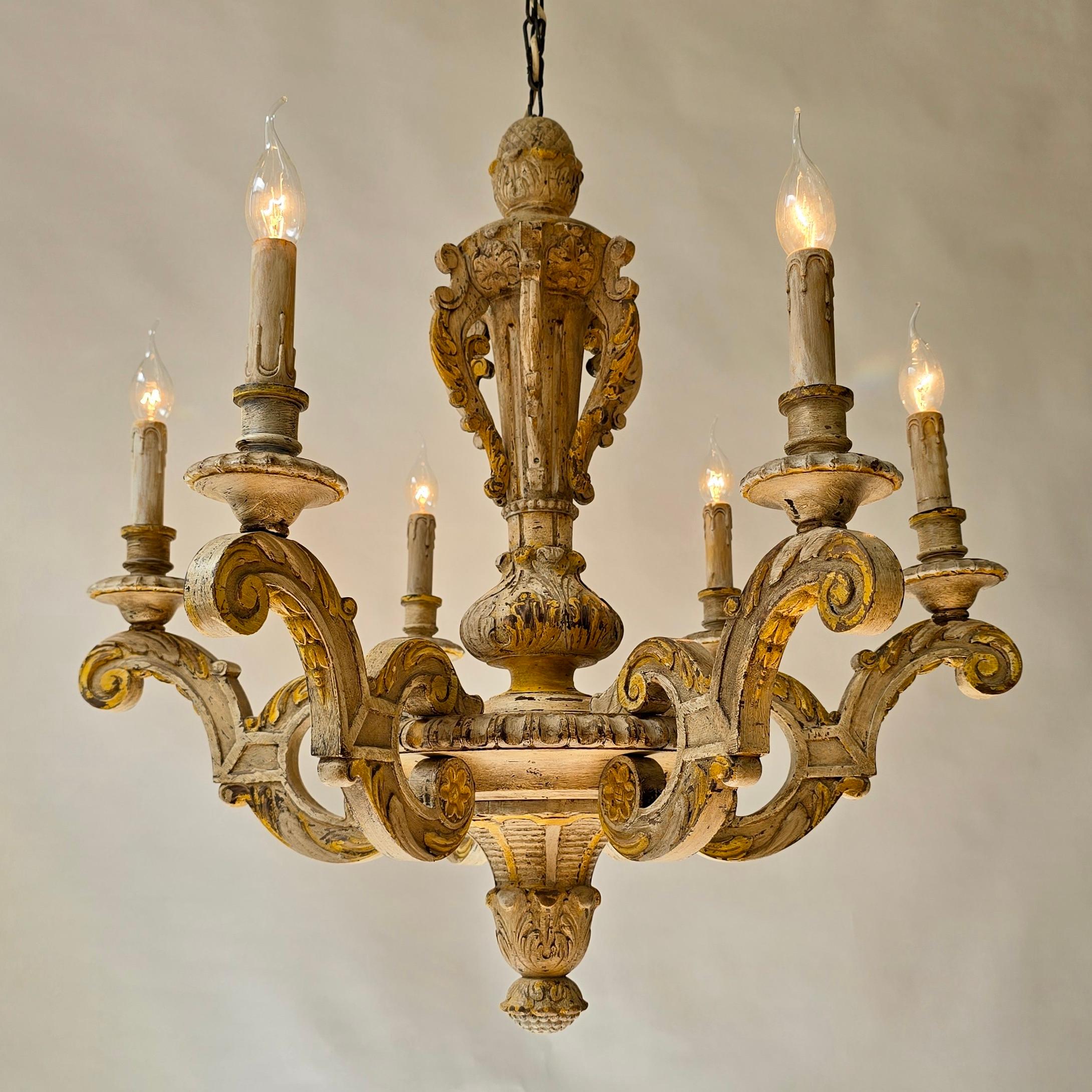 Brass Large Antique Italian Baroque Chandelier in Carved Wood, Rustic Wabi-Sabi Patin For Sale