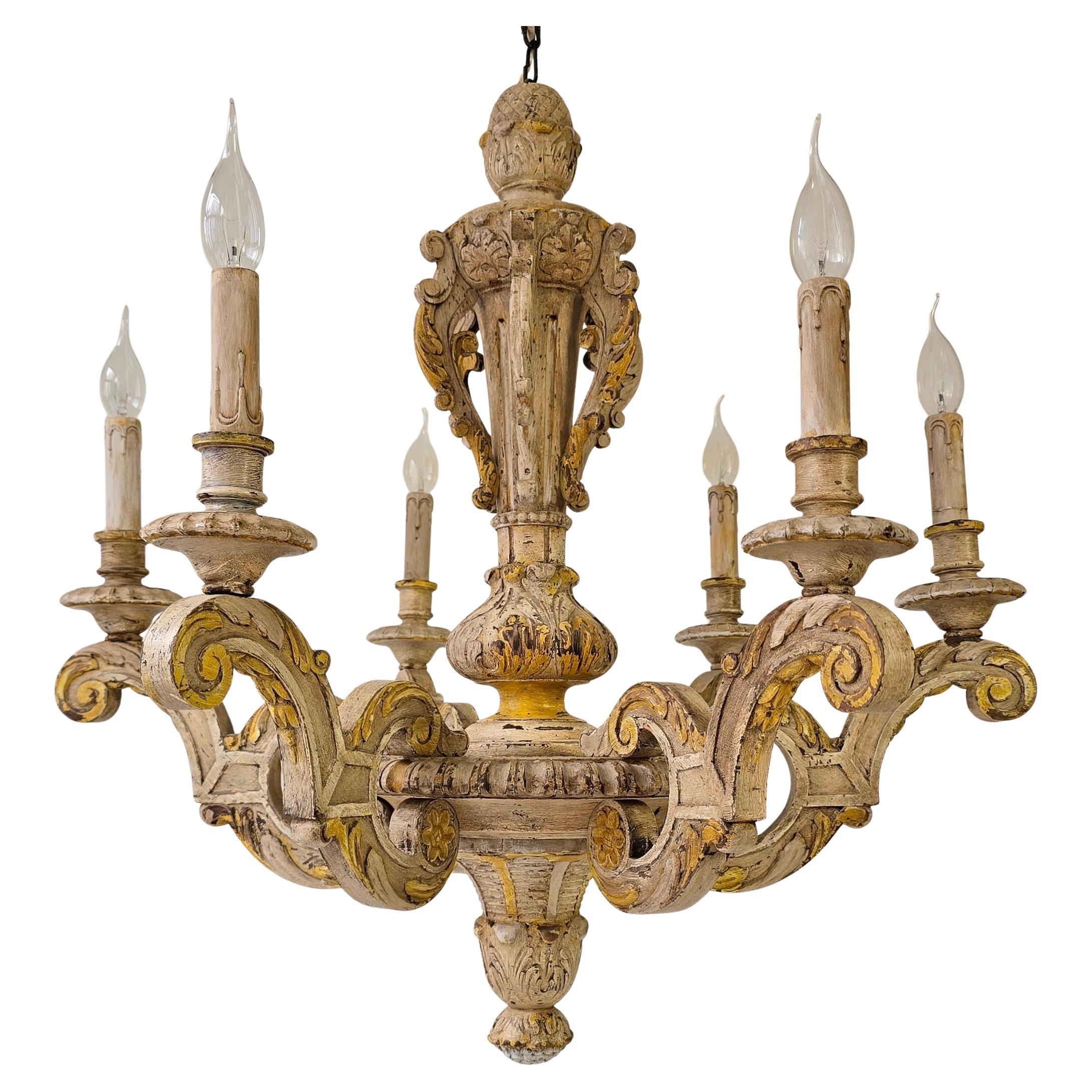 Large Antique Italian Baroque Chandelier in Carved Wood, Rustic Wabi-Sabi Patin For Sale