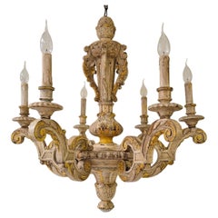 Large Antique Italian Baroque Chandelier in Carved Wood, Rustic Wabi-Sabi Patin