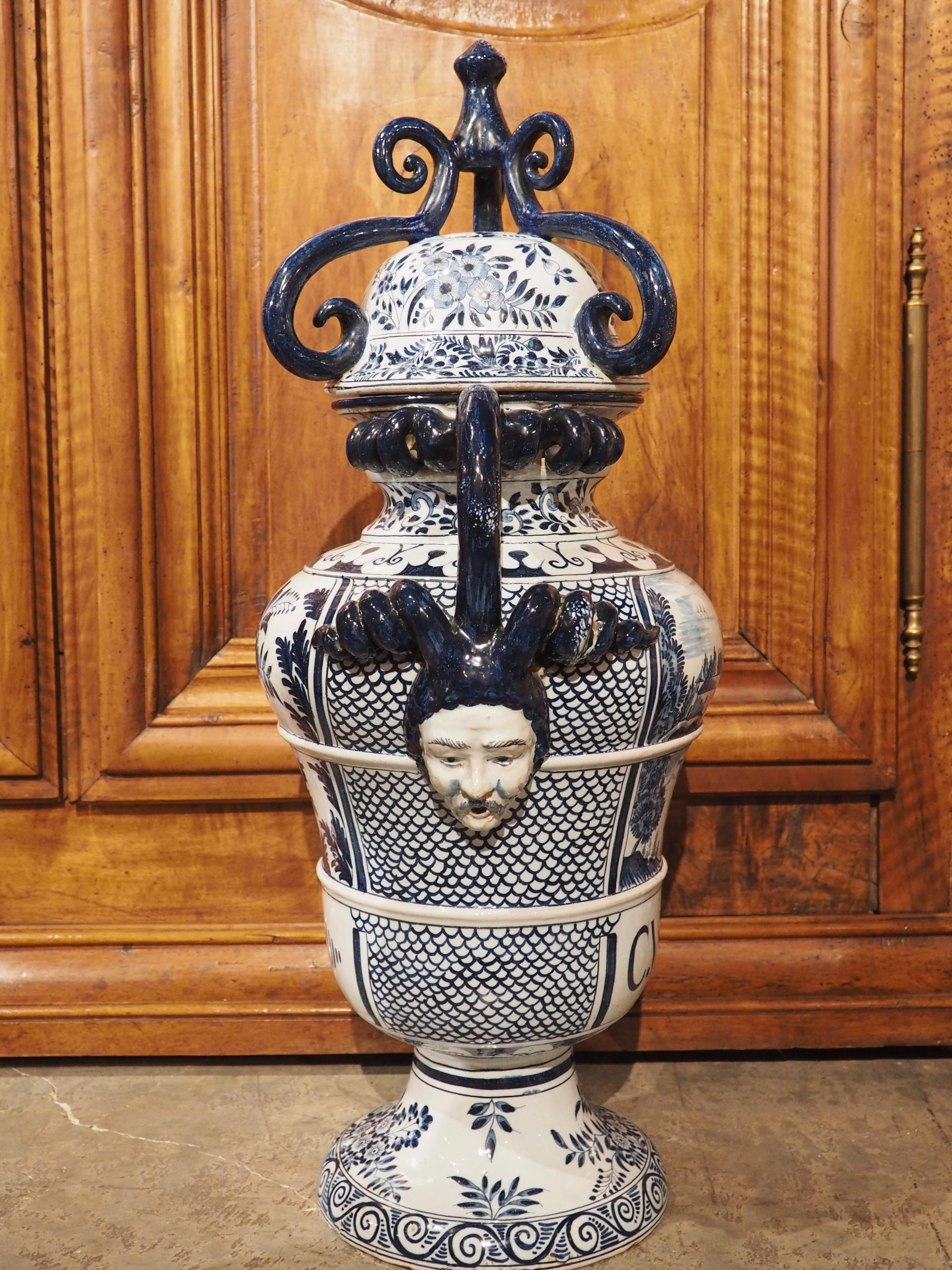 Large Antique Italian Blue and White Lidded Urn, 19th Century For Sale 13