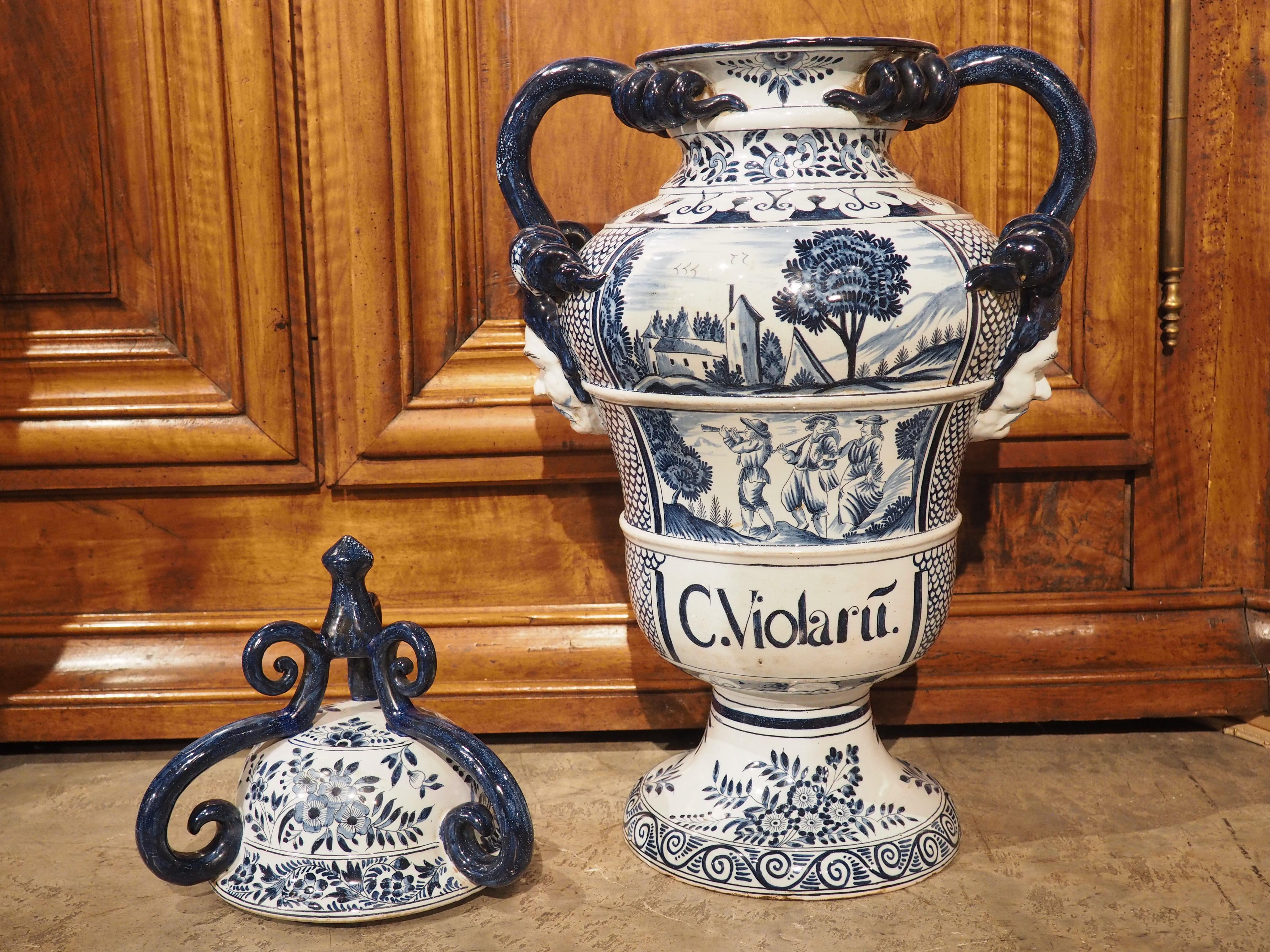 Large Antique Italian Blue and White Lidded Urn, 19th Century For Sale 14