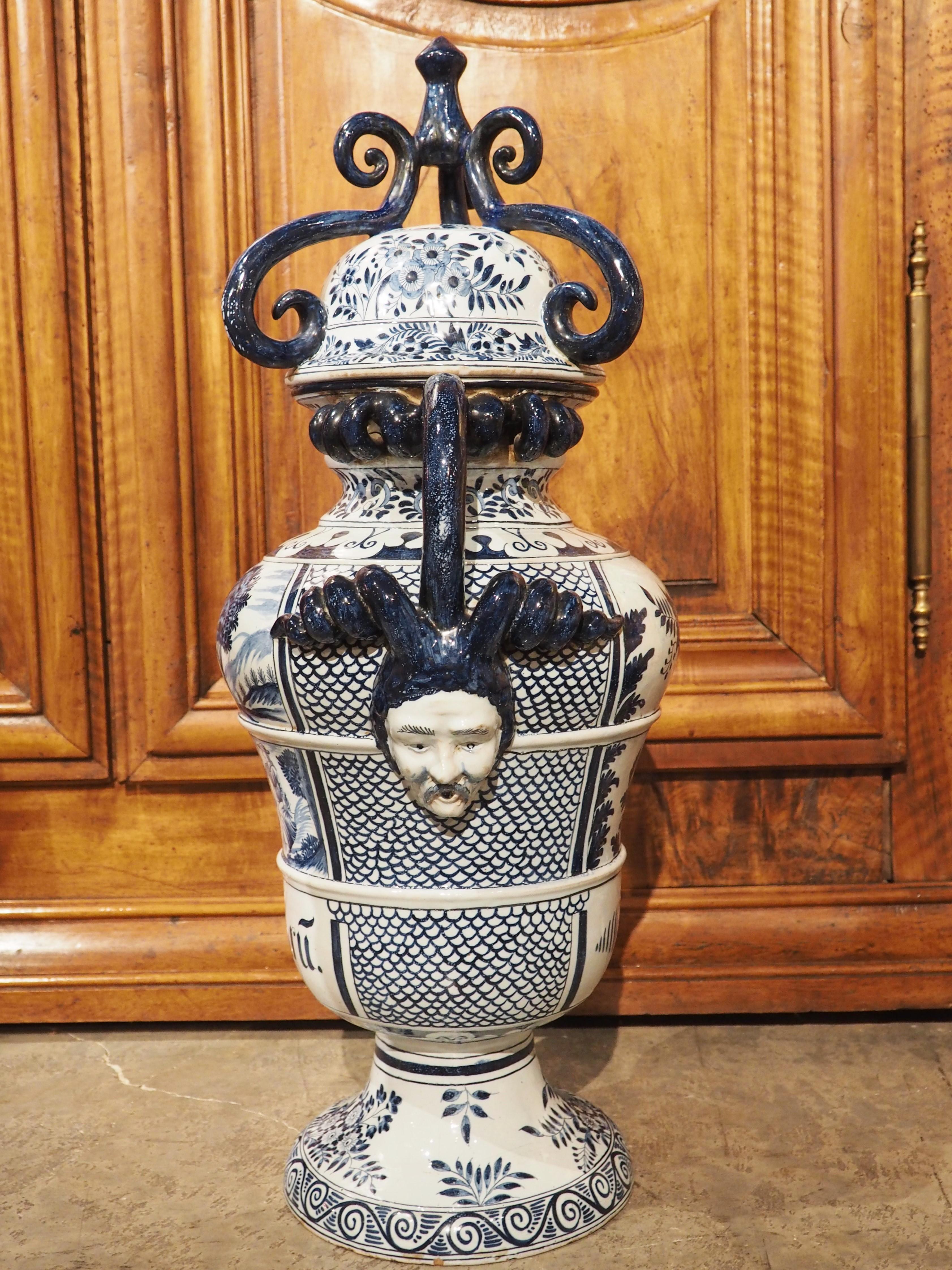Large Antique Italian Blue and White Lidded Urn, 19th Century For Sale 4