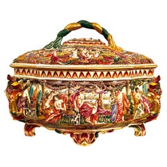 Large Antique Italian "Capo Di Monte" Porcelain Hand Painted Tureen & Platter.