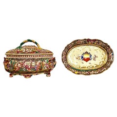 Large Antique Italian "Capo Di Monte" Porcelain Hand Painted Tureen & Platter.